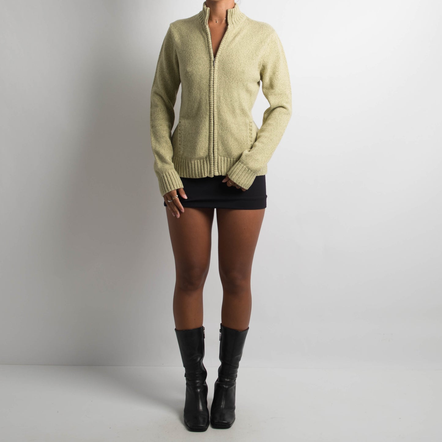 PALE GREEN KNIT ZIP CARDIGAN