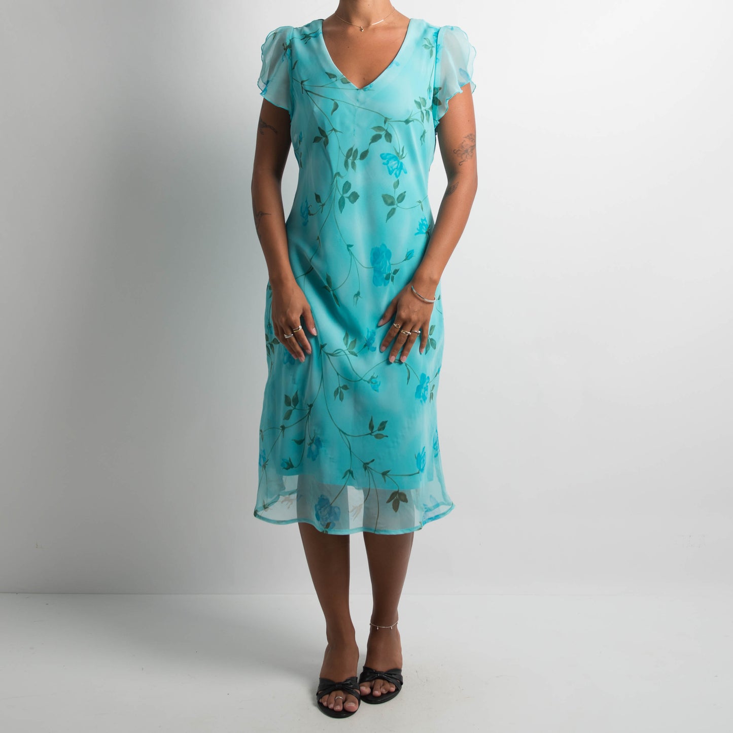 90S TEAL FLORAL MIDI DRESS