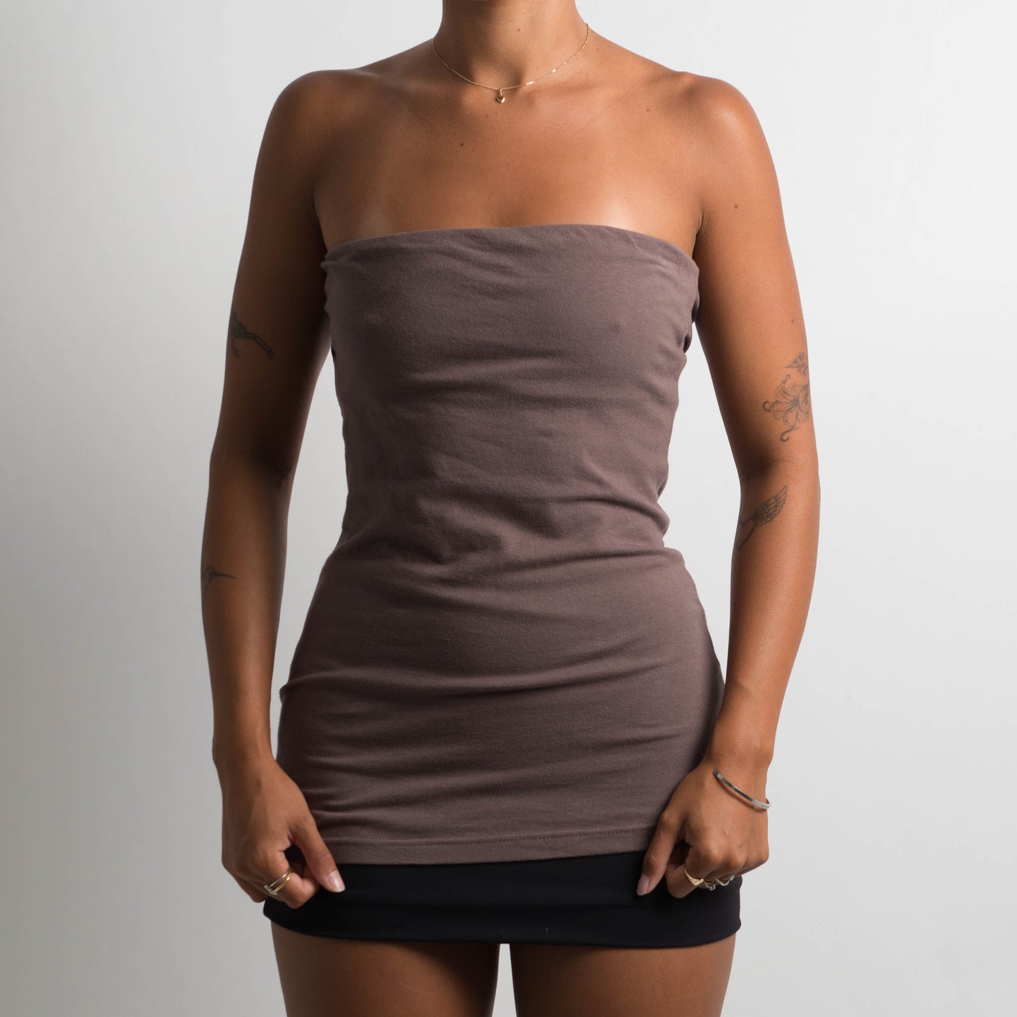 BROWN STRAPLESS LONGLINE TOP