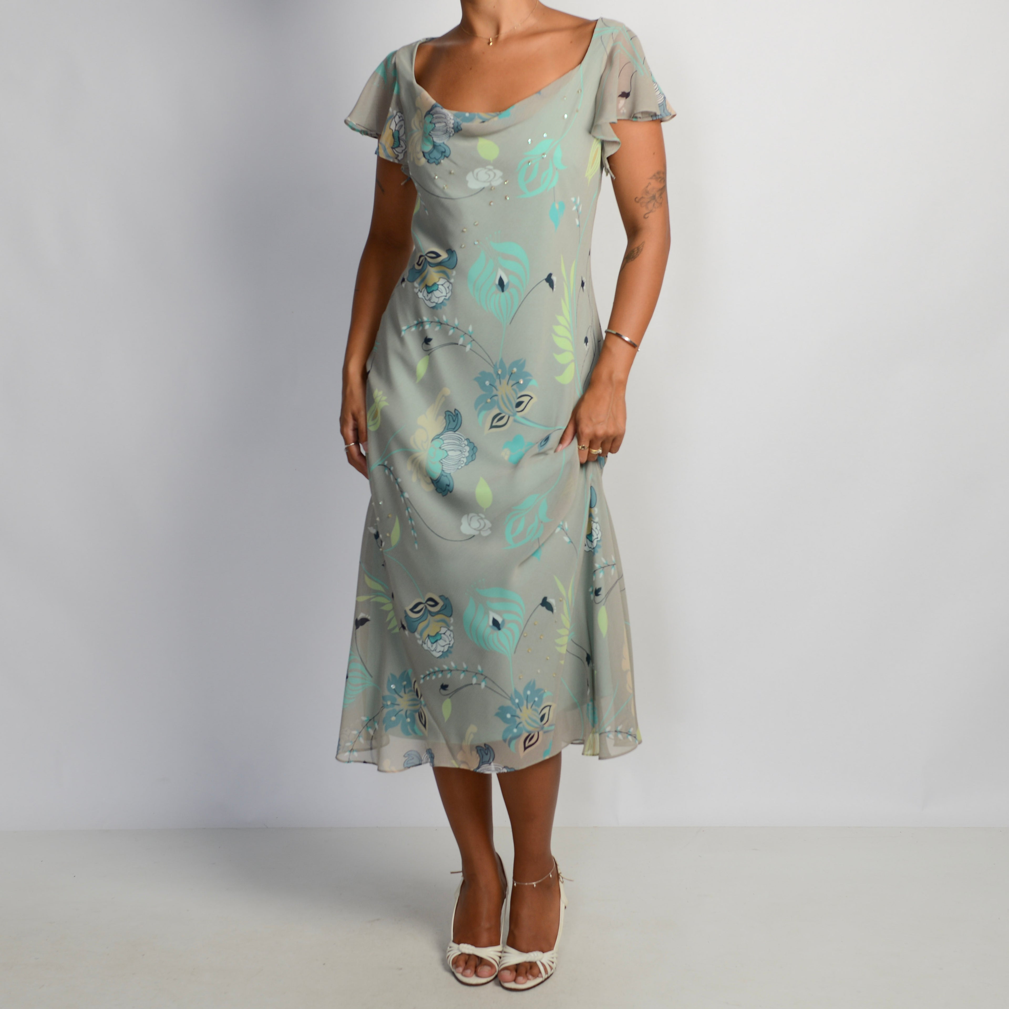 MINT GREY FLORAL MIDI DRESS