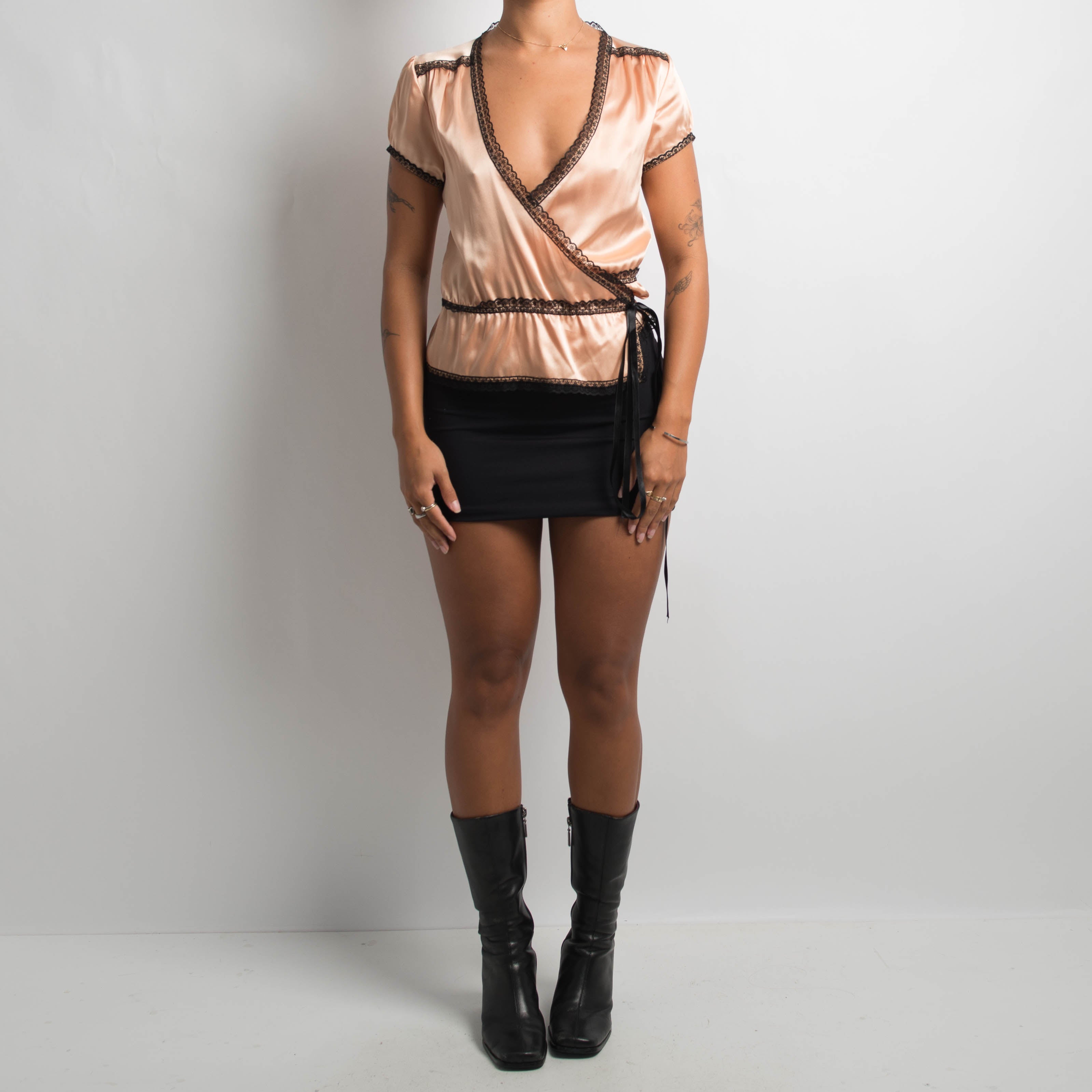 PEACH SATIN WRAP TOP