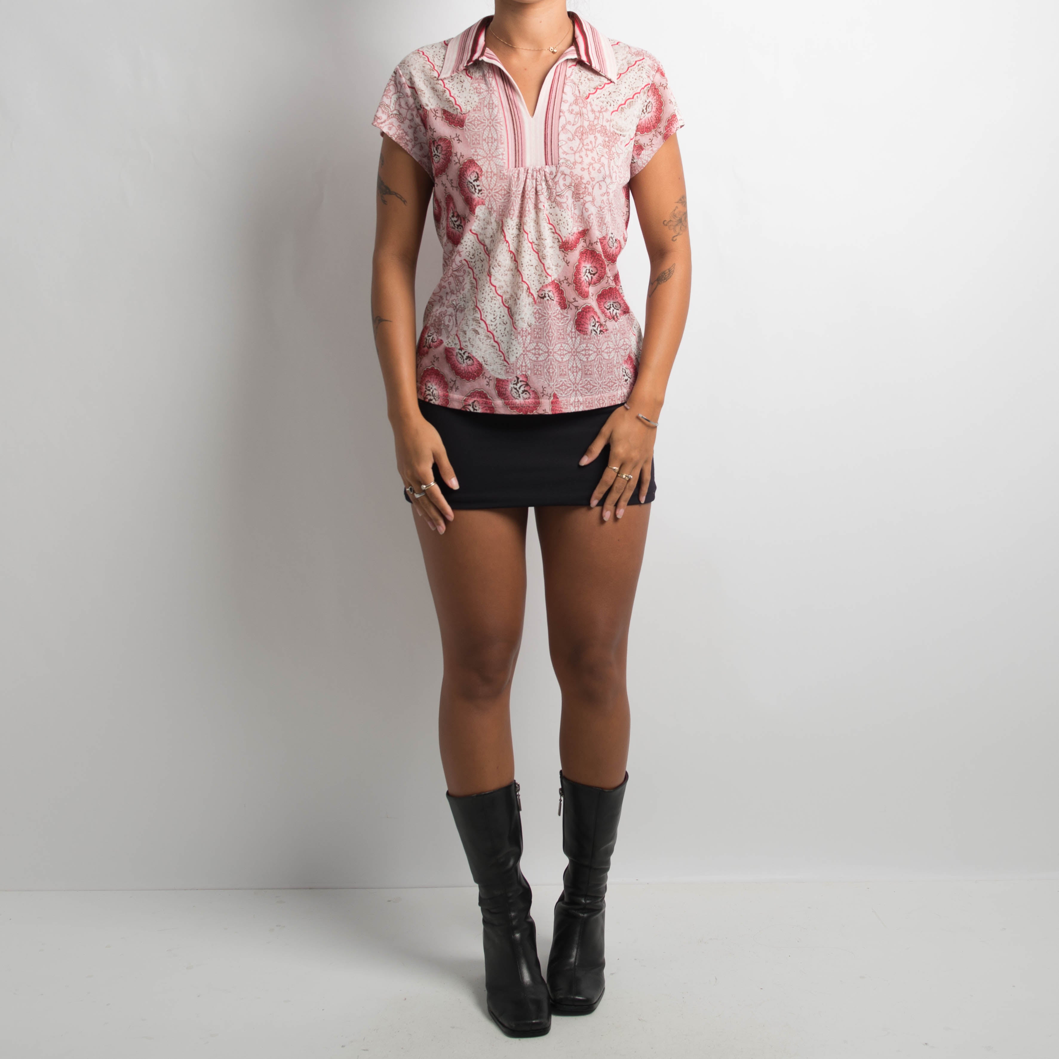 PRINTED MESH COLLAR TOP