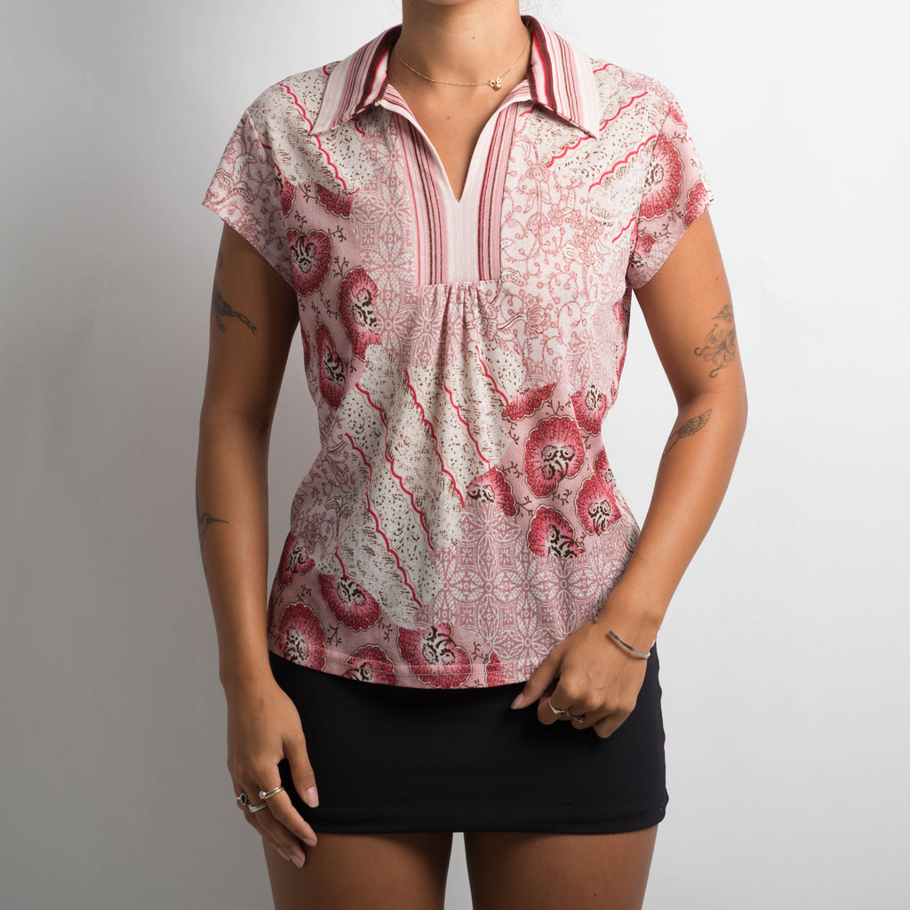 PRINTED MESH COLLAR TOP