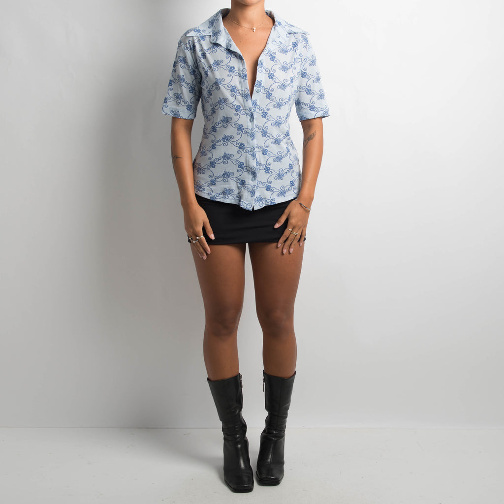 BLUE PATTERNED MESH SHIRT