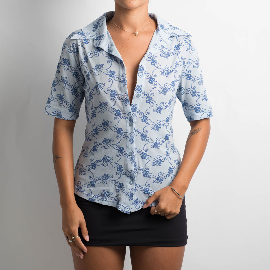 BLUE PATTERNED MESH SHIRT