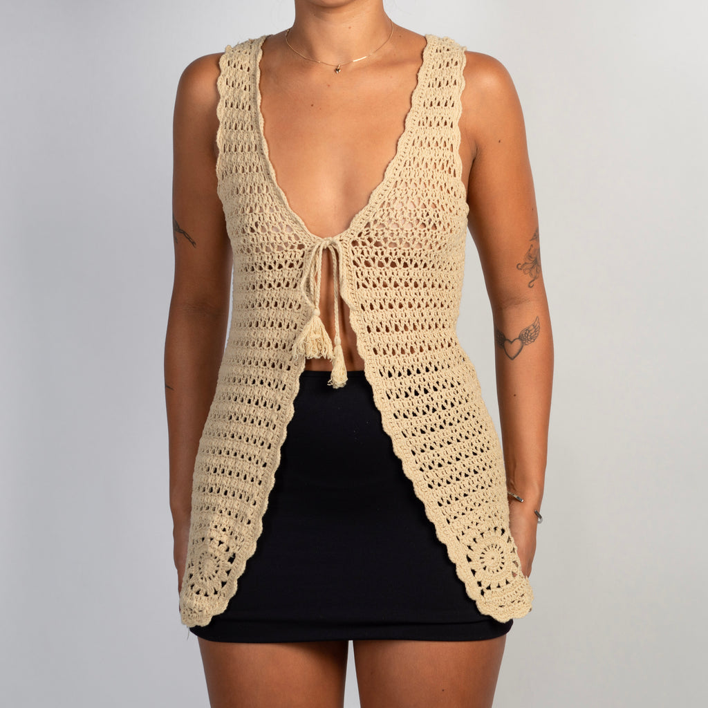 BEIGE CROCHET TIE FRONT VEST