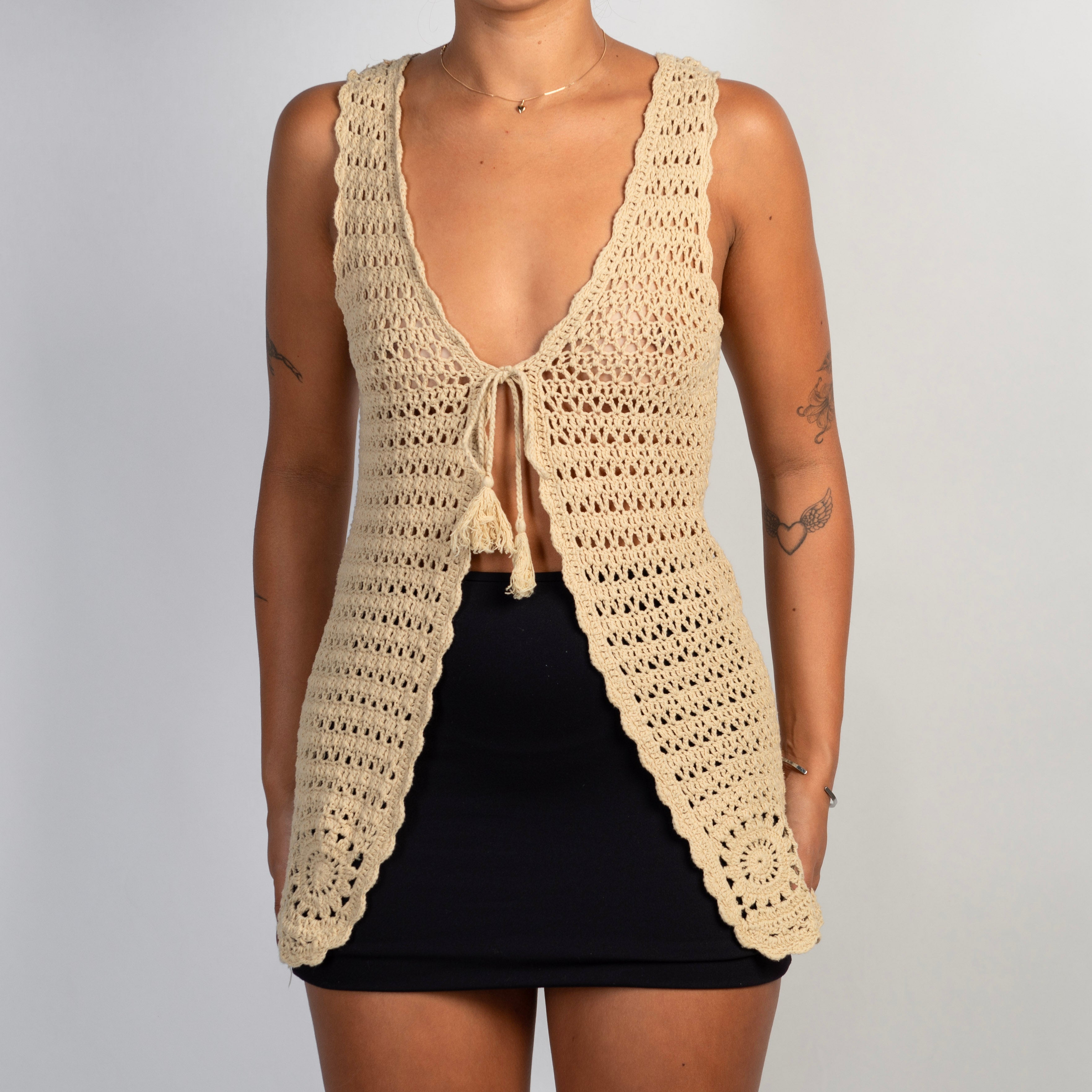 BEIGE CROCHET TIE FRONT VEST