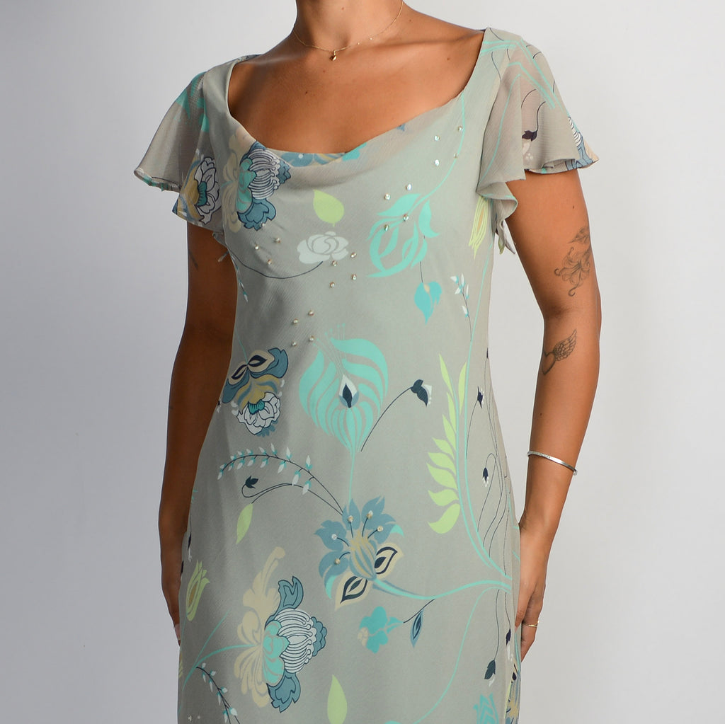 MINT GREY FLORAL MIDI DRESS