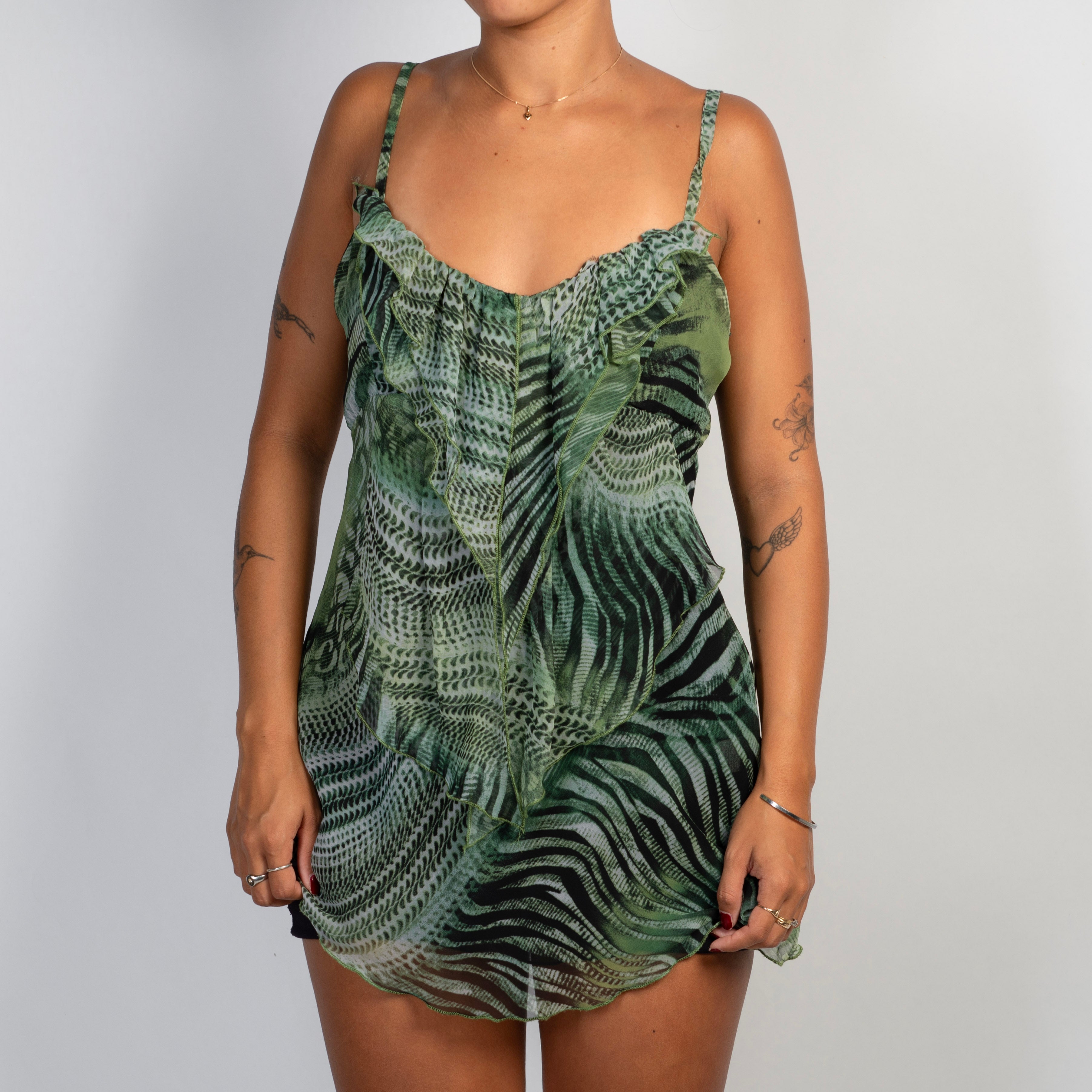 GREEN PATTERN RUFFLE TOP