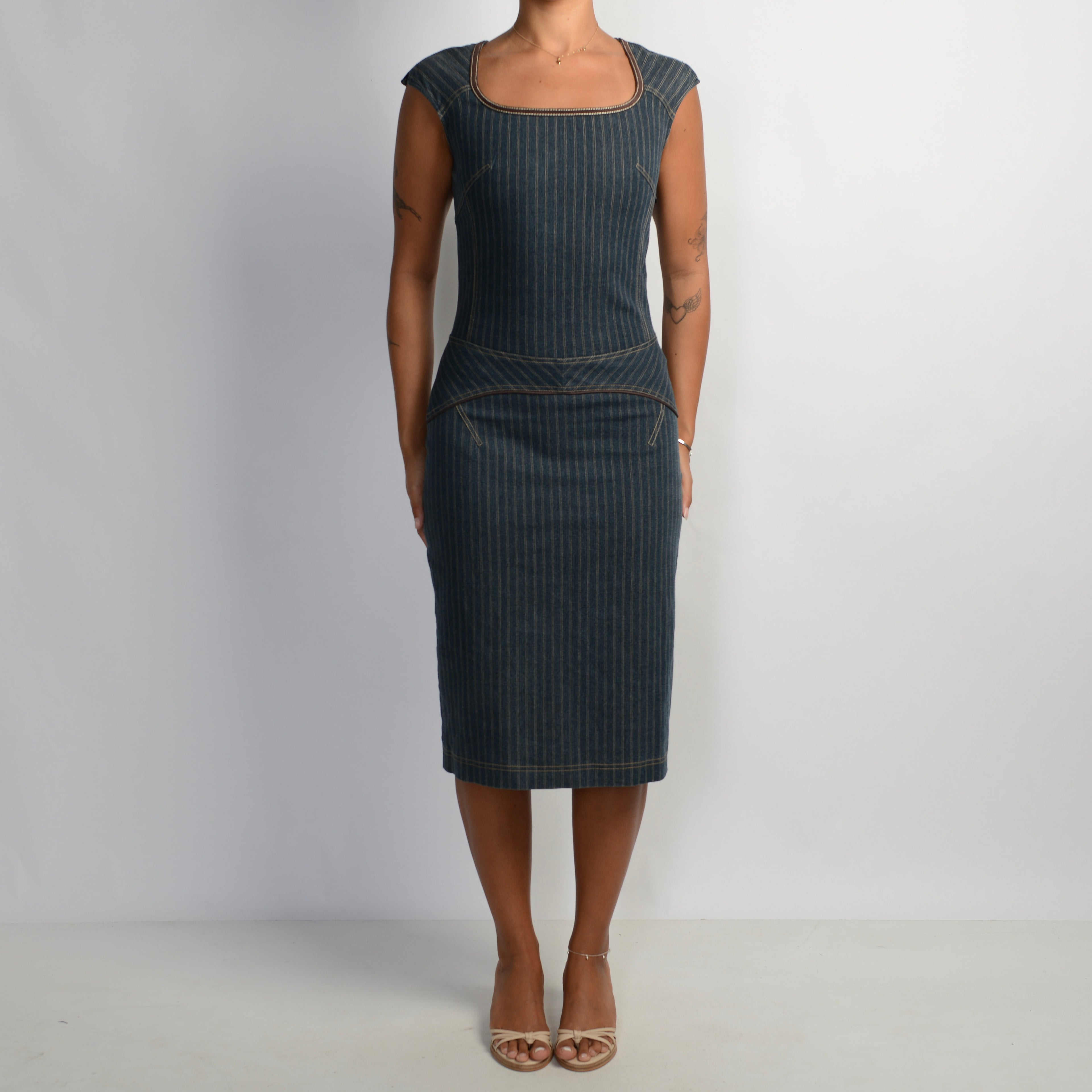 DENIM STRIPE MIDI DRESS