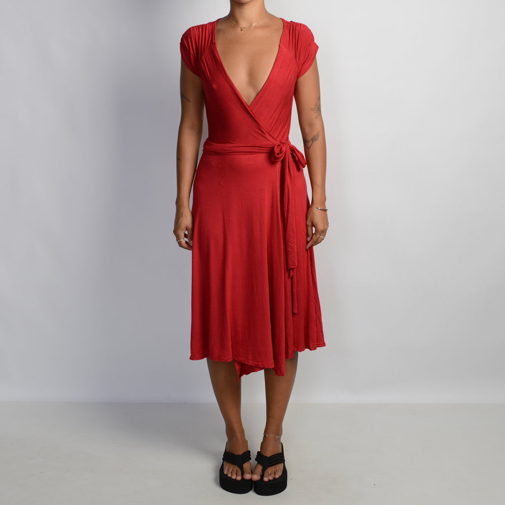 RED FAUX WRAP MIDI DRESS