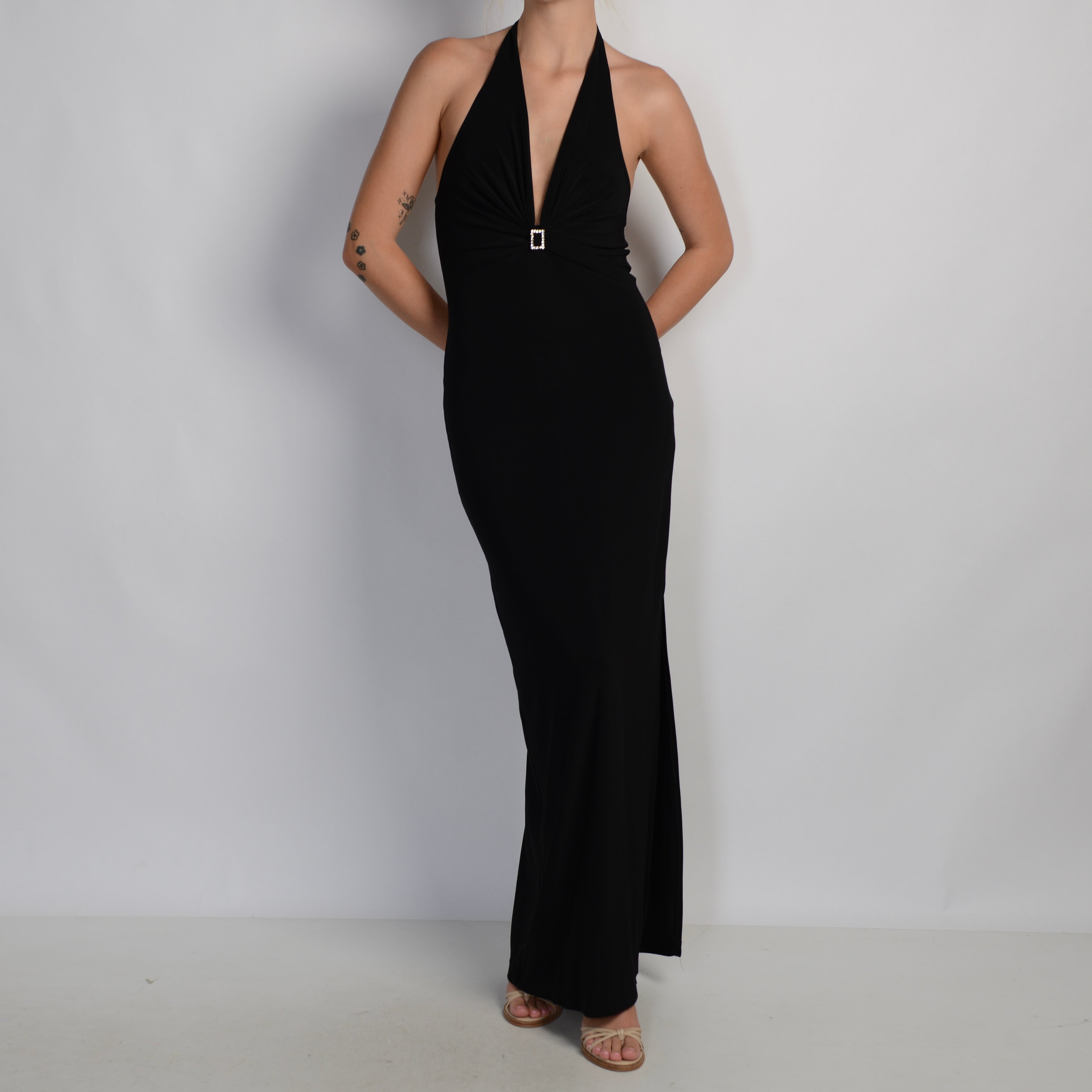 BLACK SLINKY HALTER GOWN