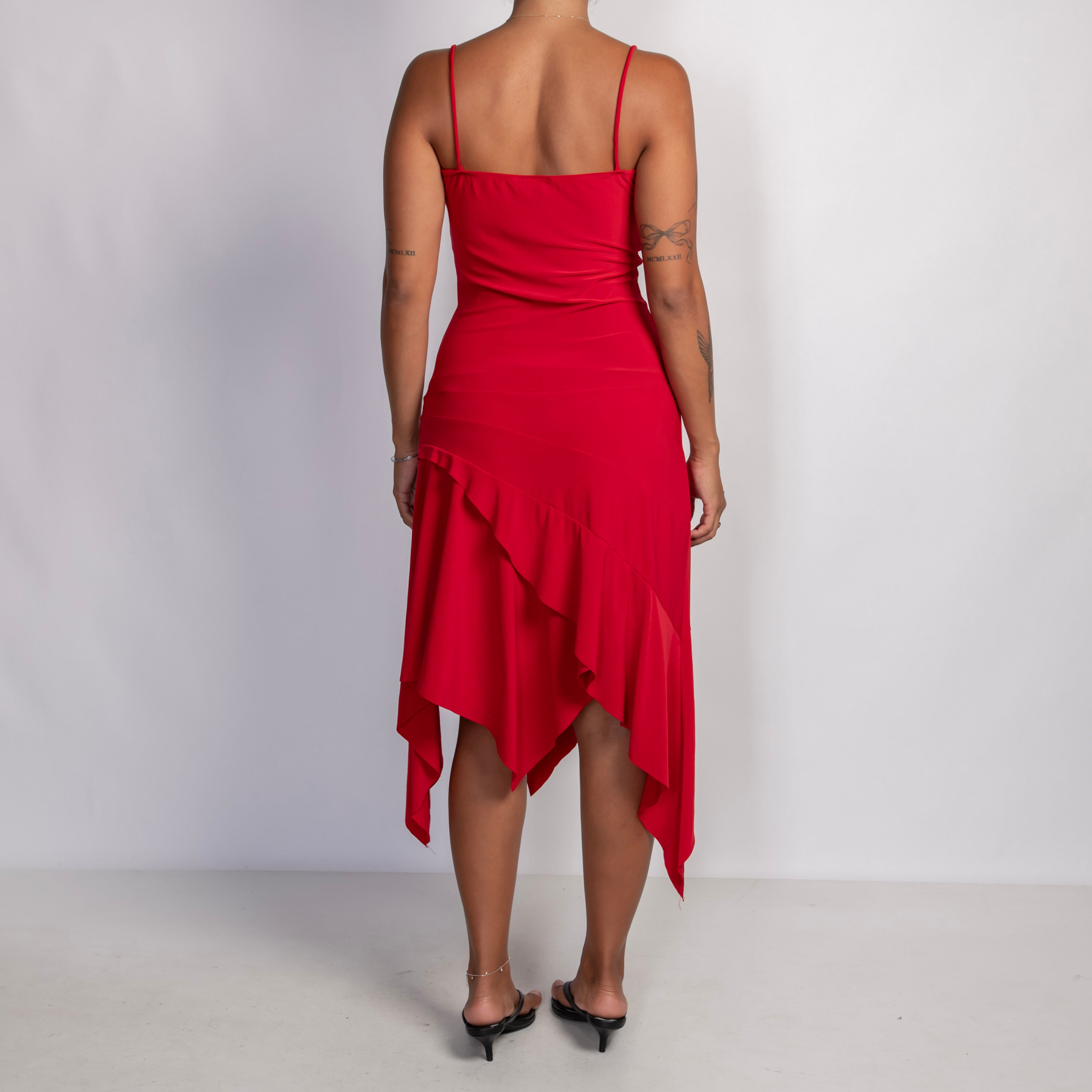 RED ASYMMETRIC MIDI DRESS