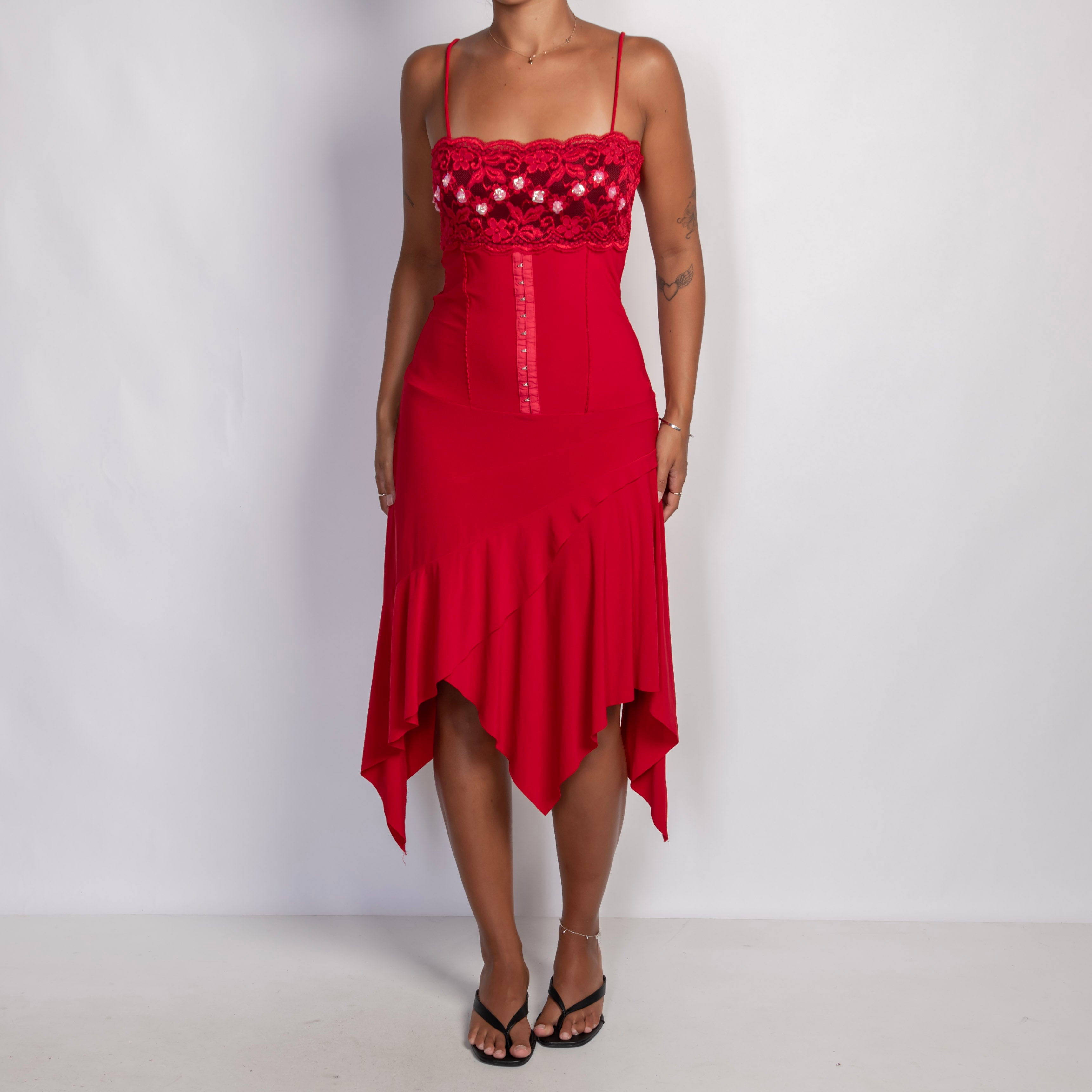 RED ASYMMETRIC MIDI DRESS