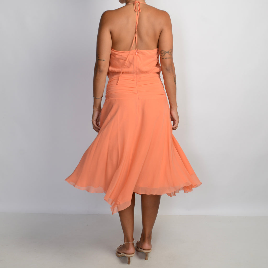 CORAL SILK HALTER DRESS