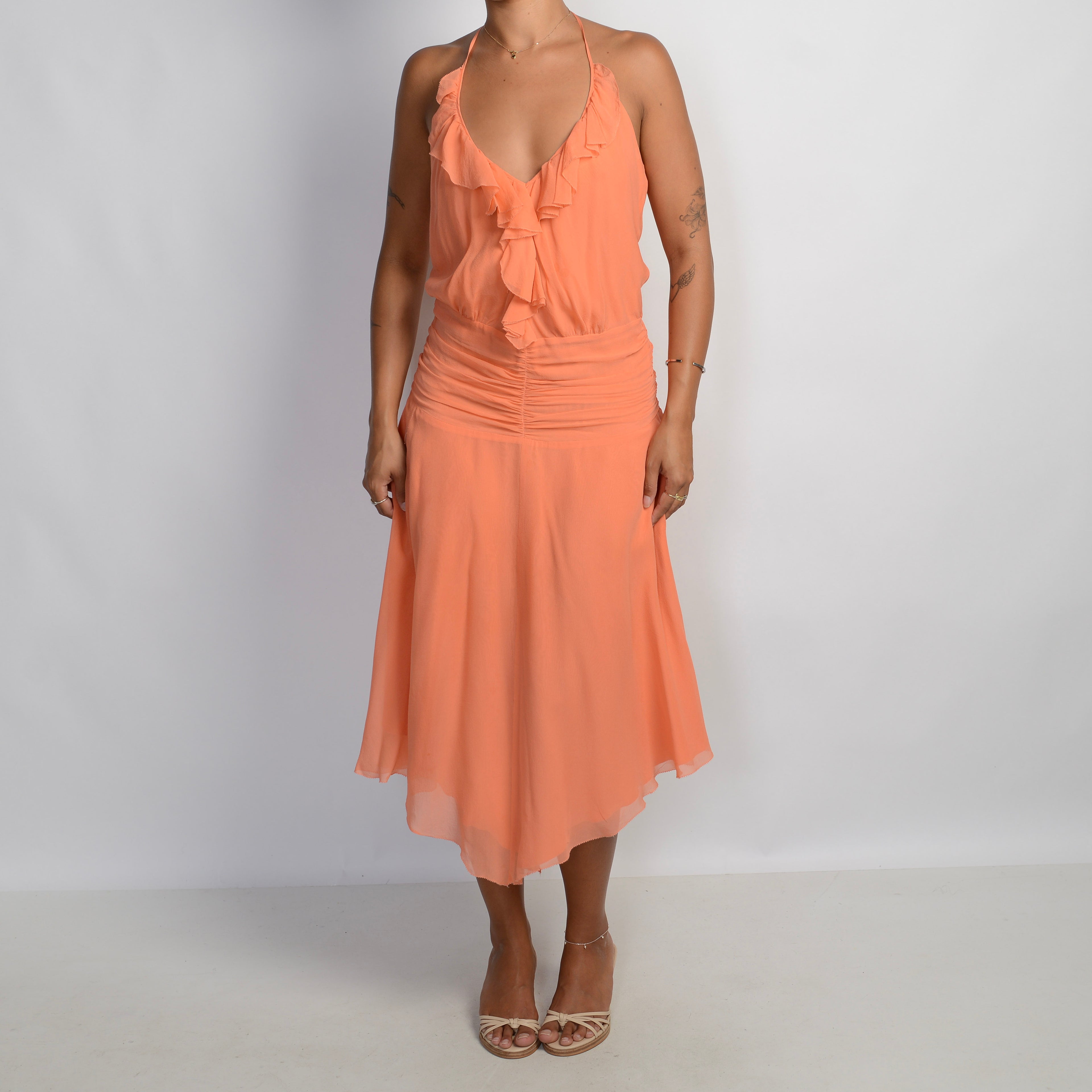 CORAL SILK HALTER DRESS