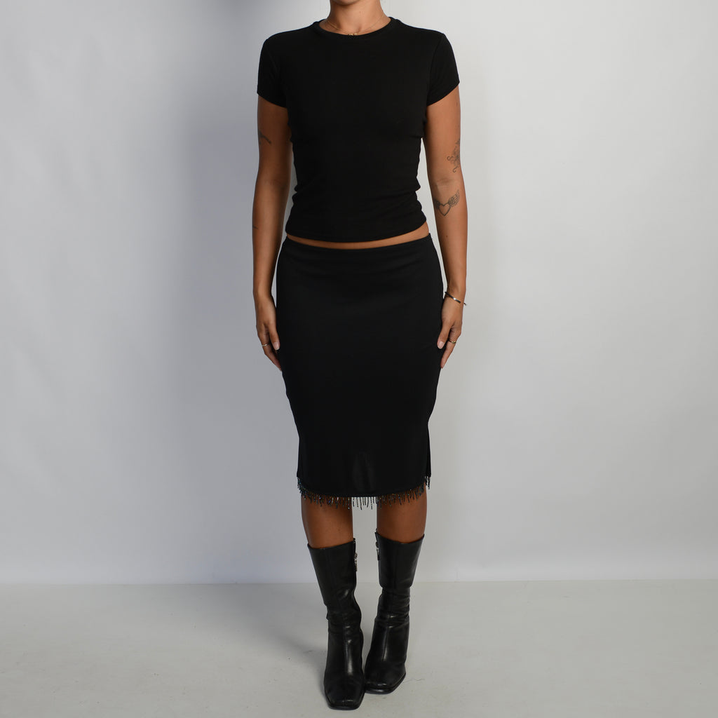 BEADED TASSLE MIDI SKIRT