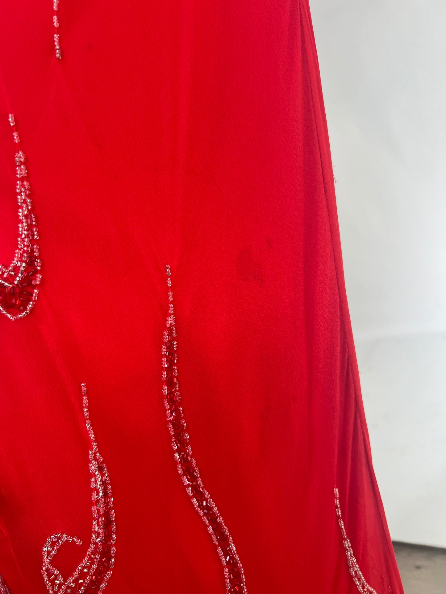 RED BEADED ASYMMETRIC DRESS