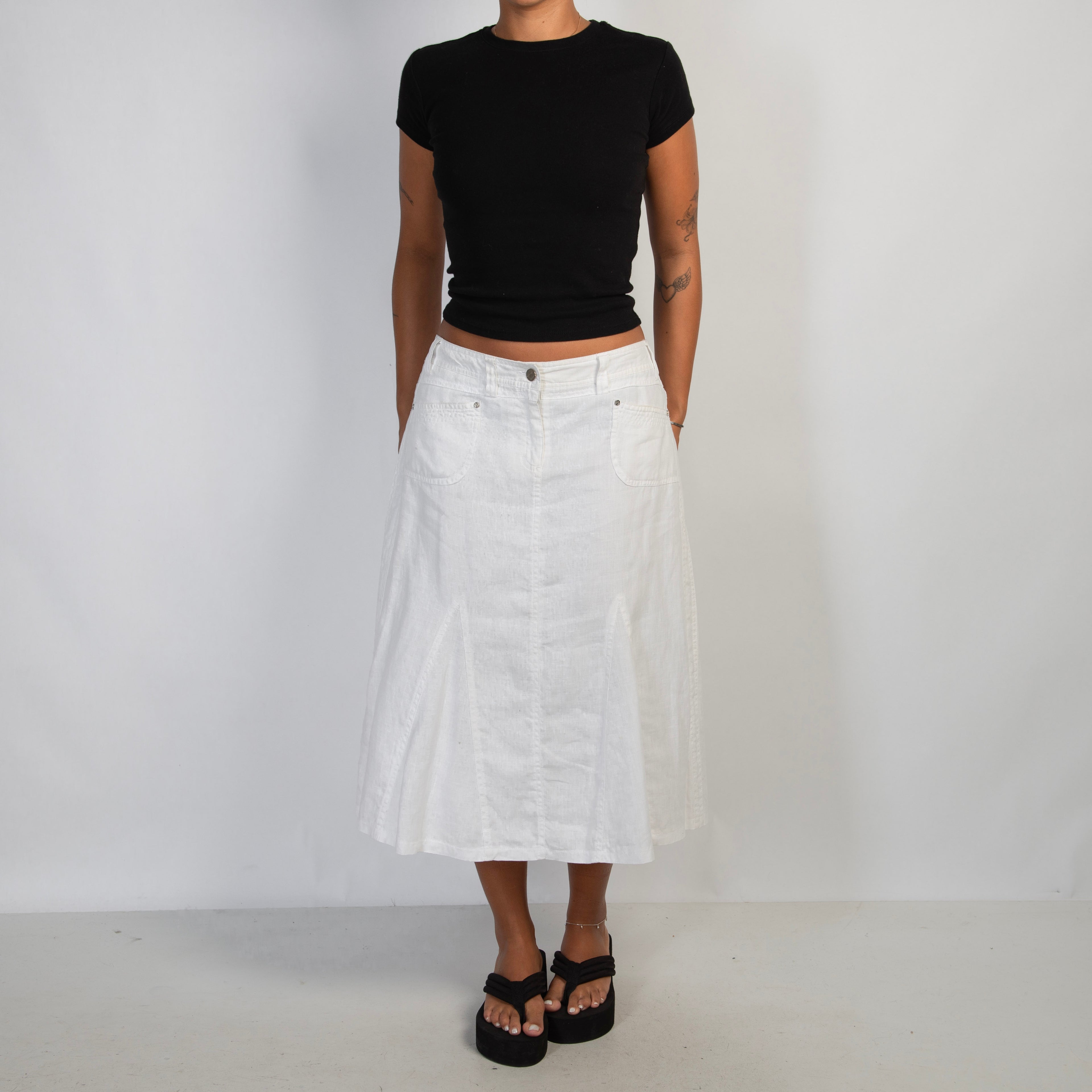 WHITE LINEN MIDI SKIRT