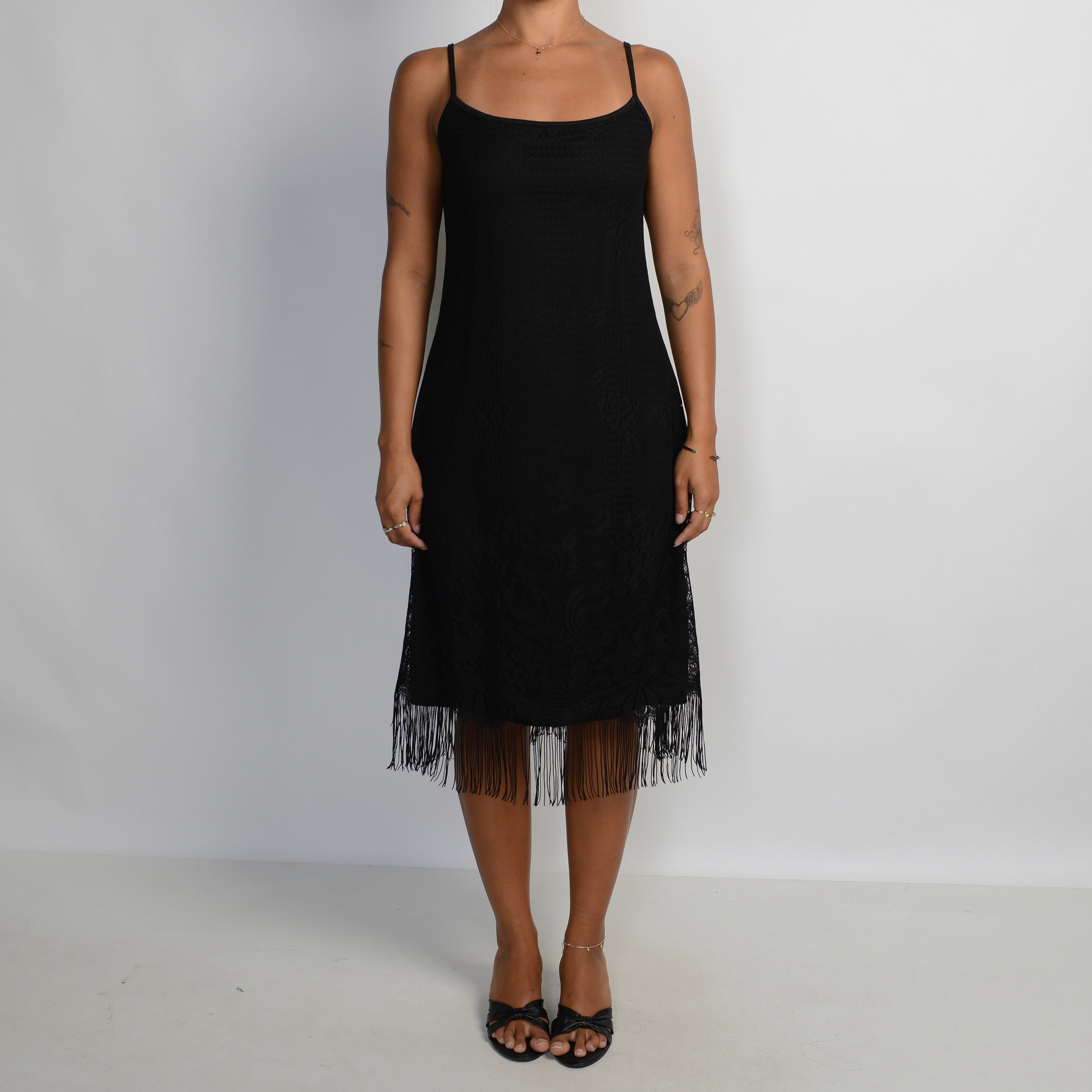 BLACK FRINGE MIDI DRESS