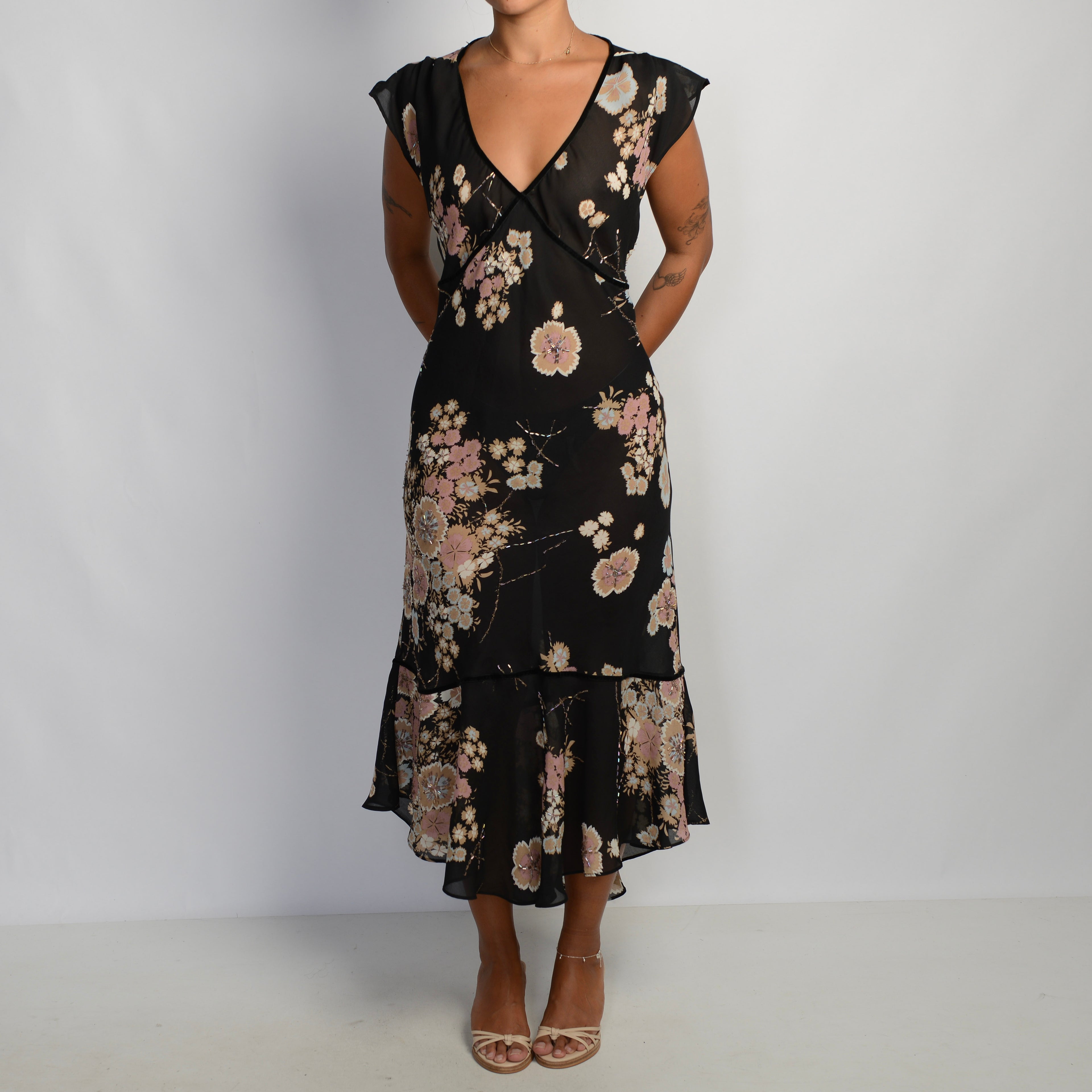 SHEER FLORAL MIDI DRESS