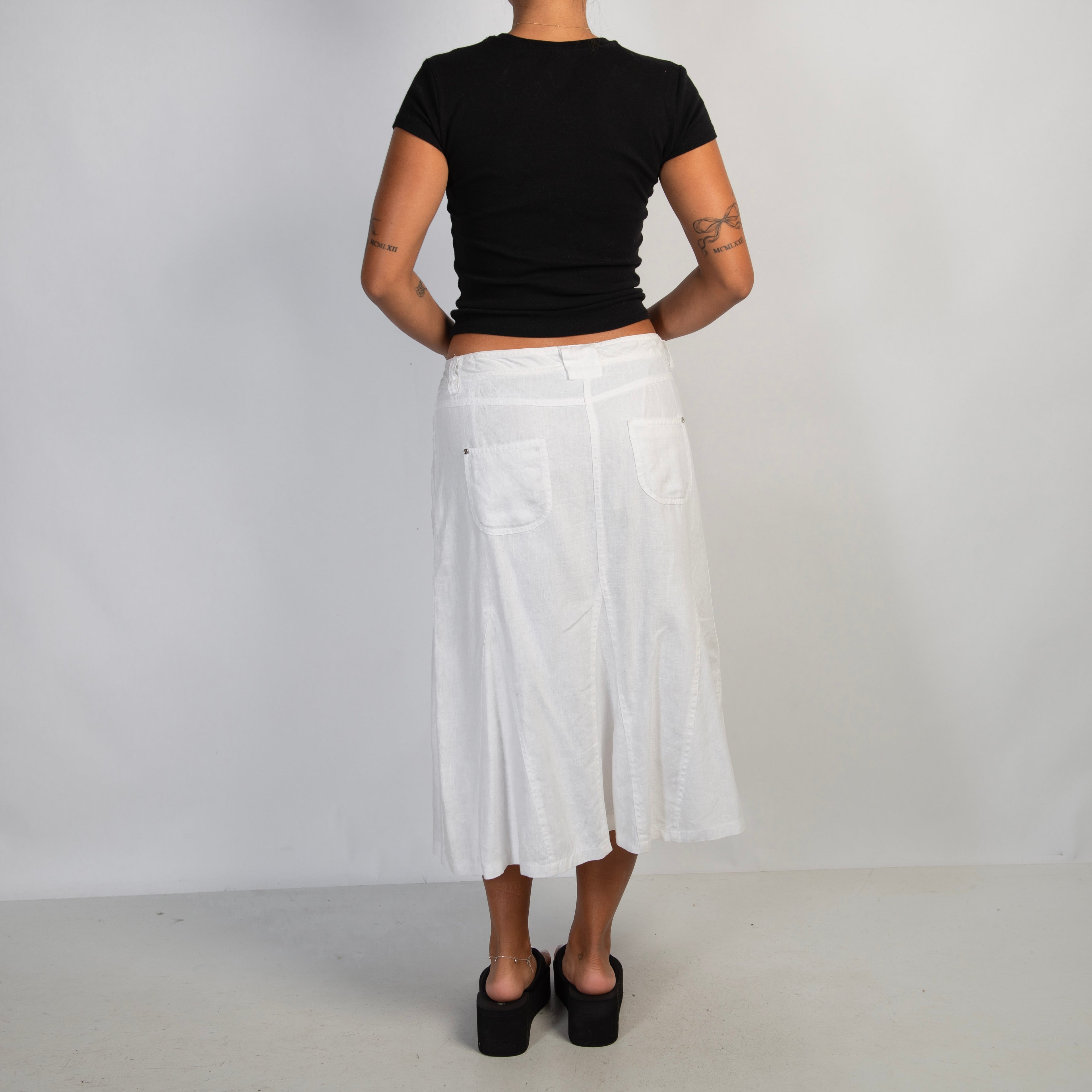 WHITE LINEN MIDI SKIRT