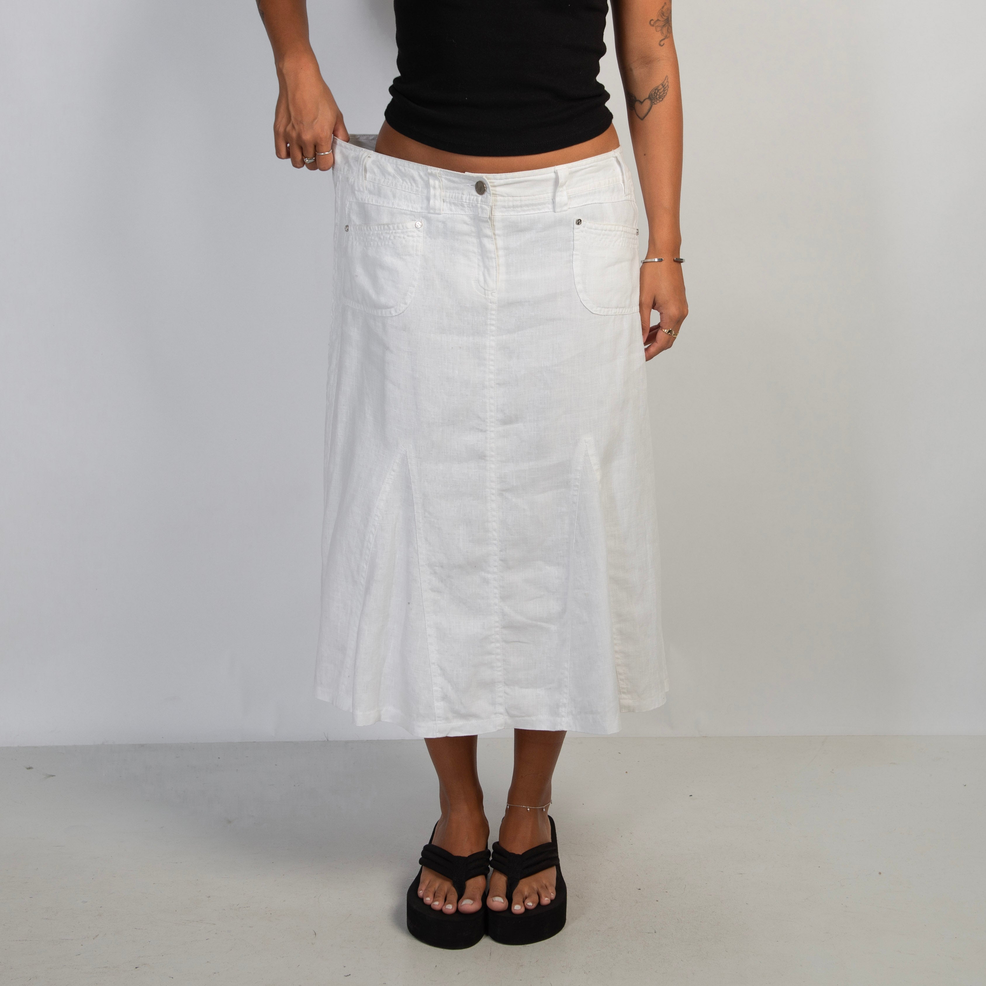 WHITE LINEN MIDI SKIRT