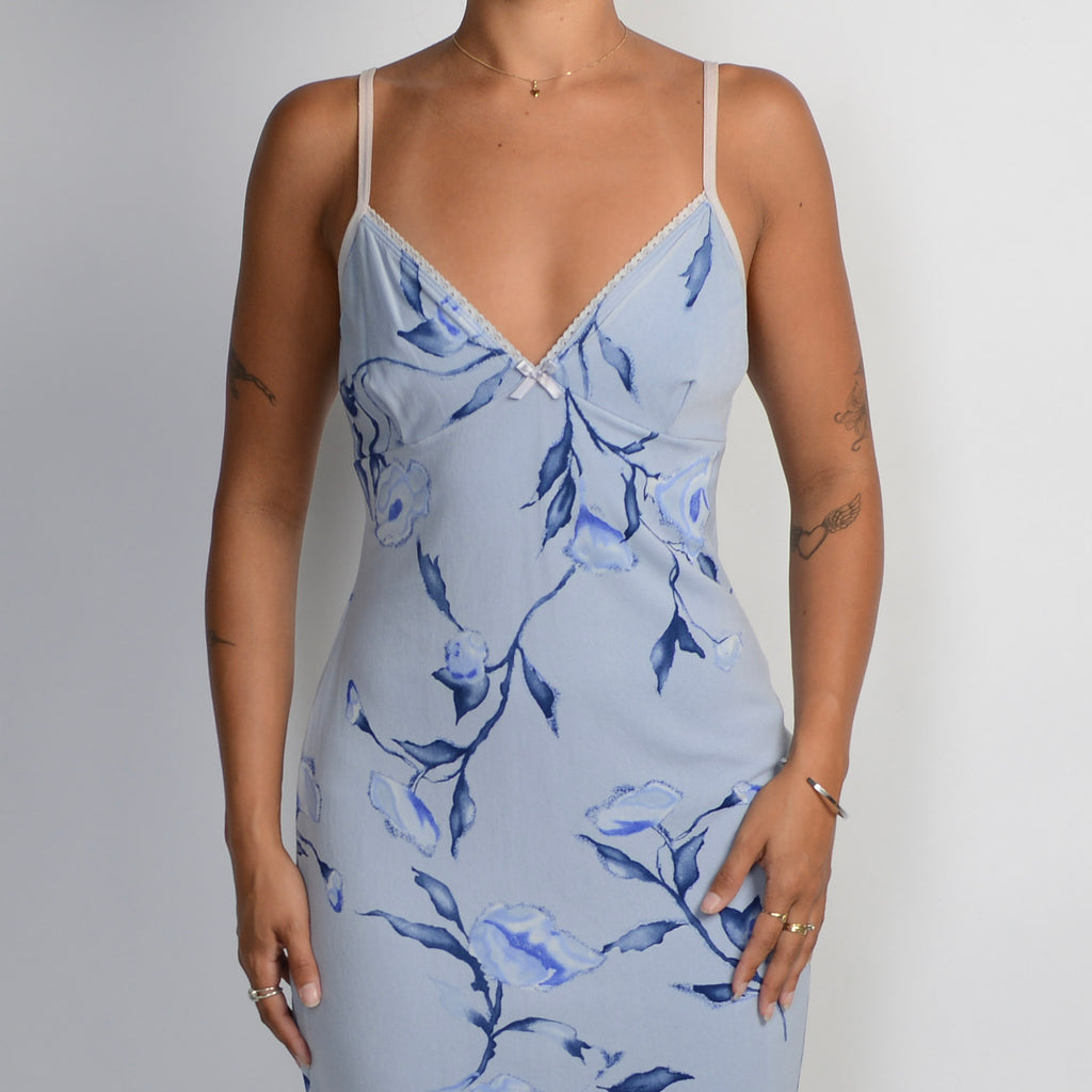 BLUE MESH FLORAL MIDI DRESS