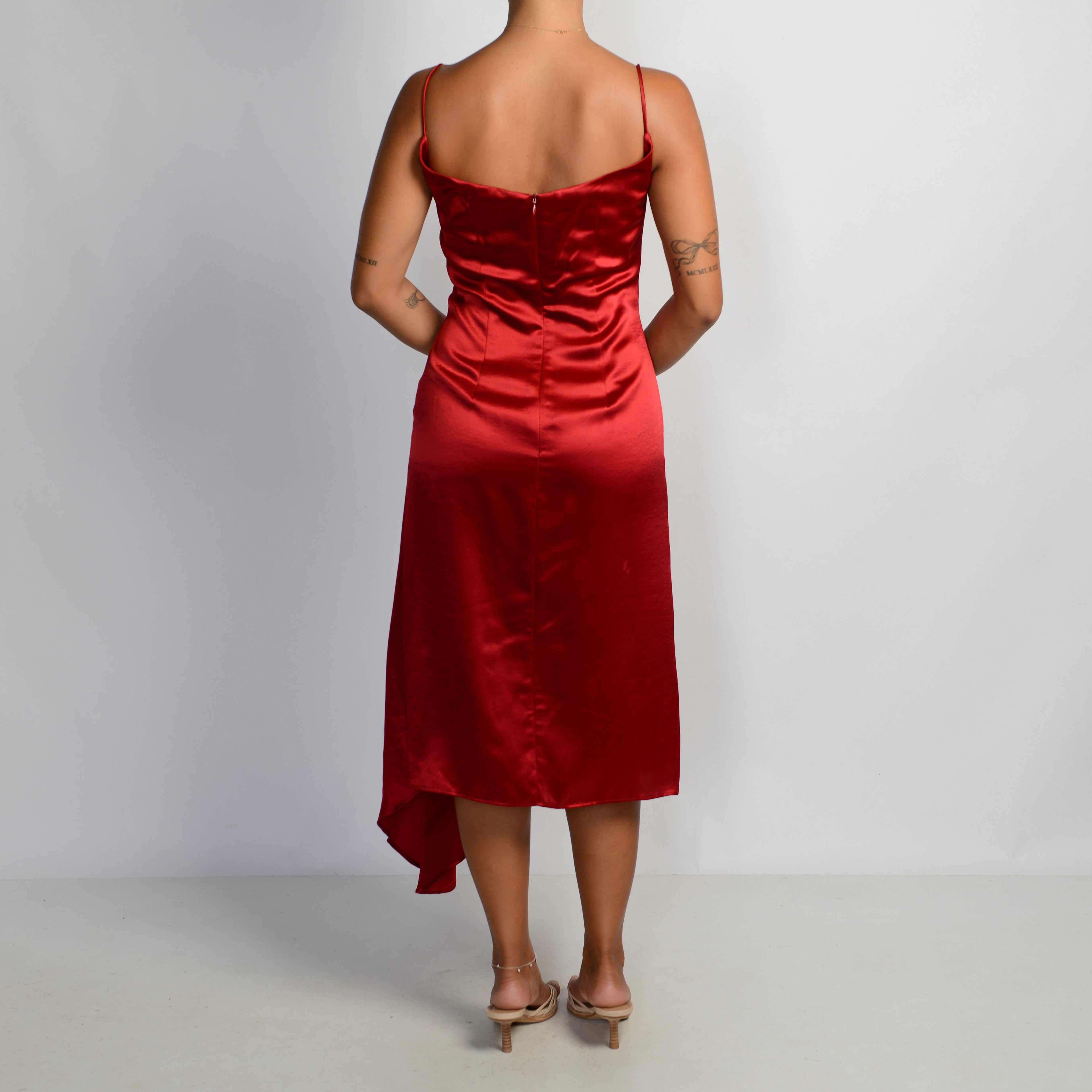 RED SATIN ASYMMETRIC DRESS