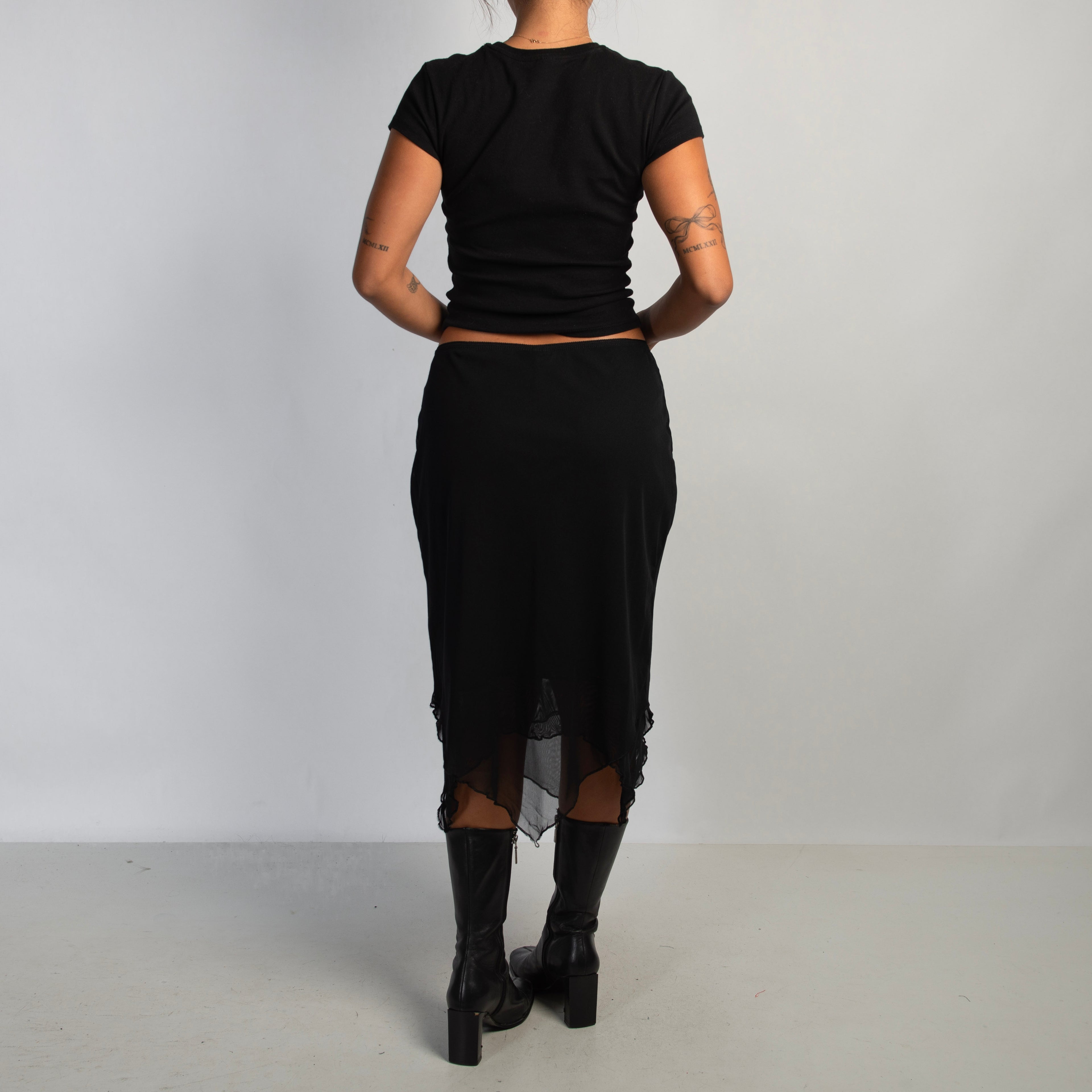 BLACK MESH MIDI SKIRT