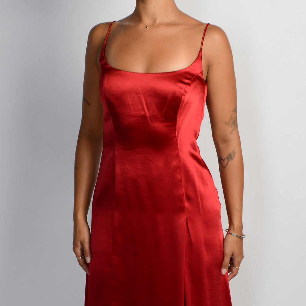 RED SATIN ASYMMETRIC DRESS