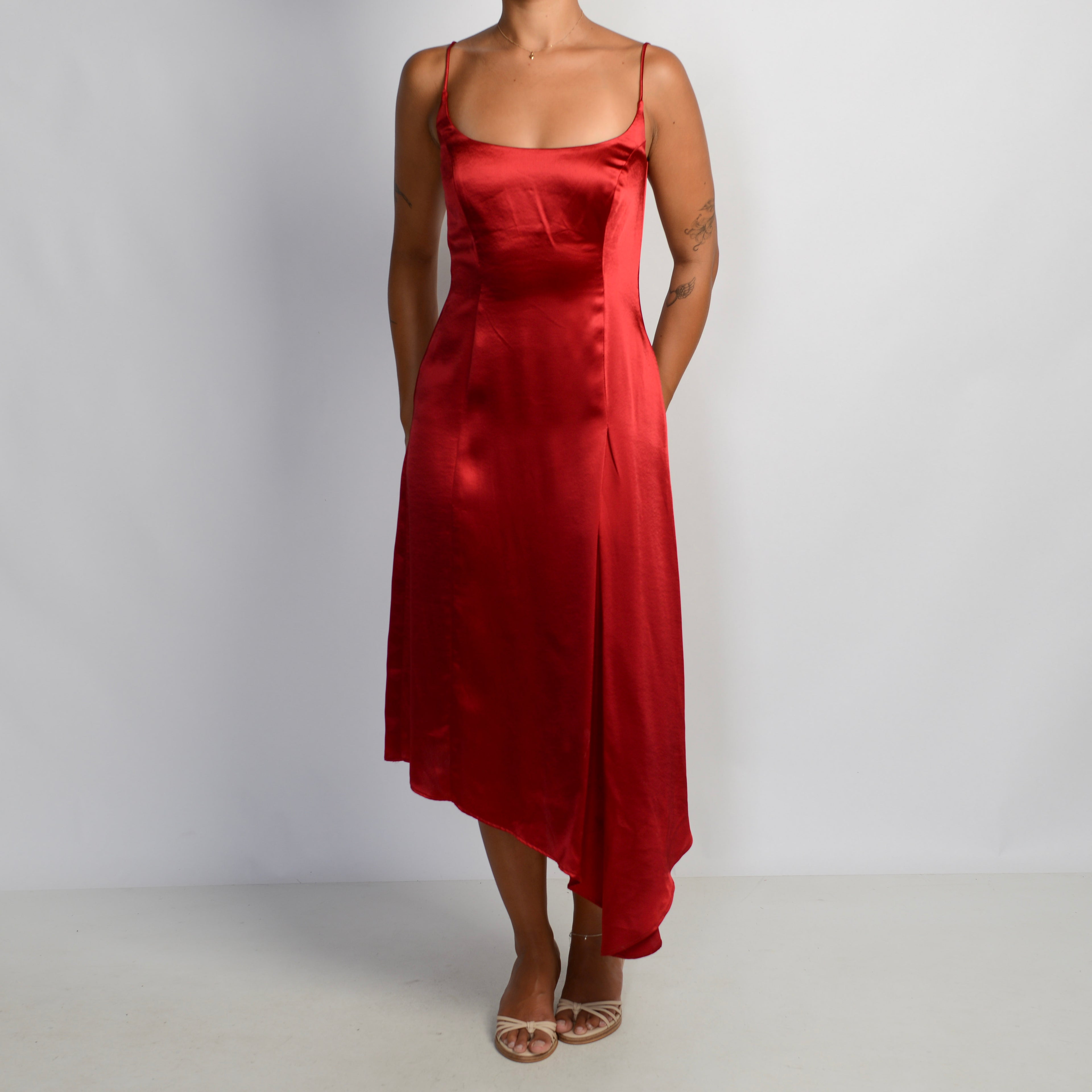 RED SATIN ASYMMETRIC DRESS