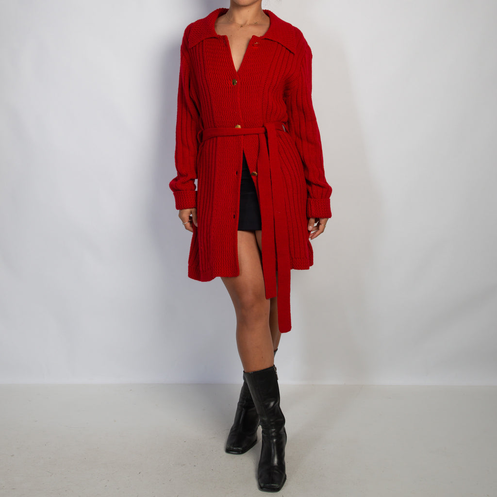 RED KNIT LONGLINE CARDIGAN