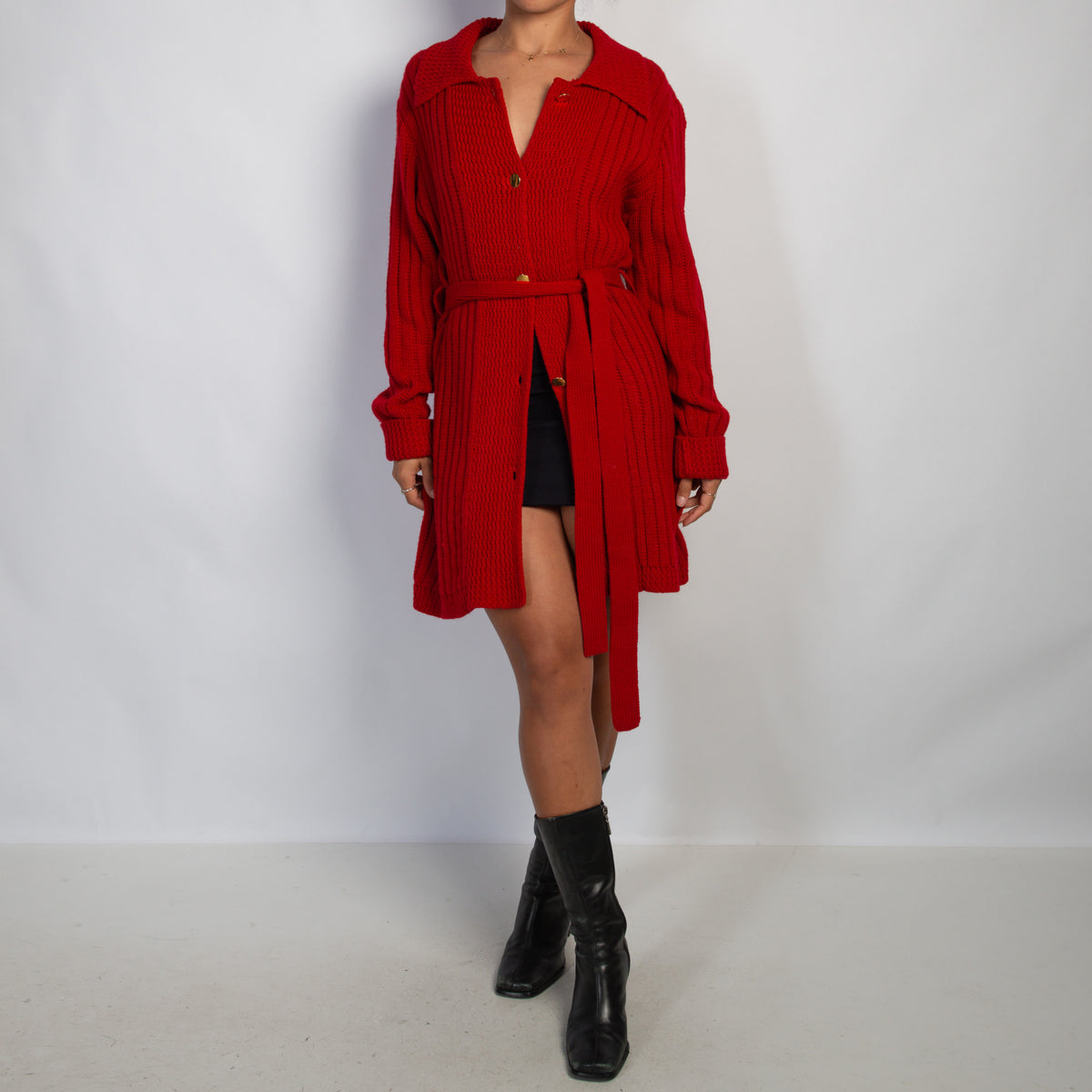 RED KNIT LONGLINE CARDIGAN