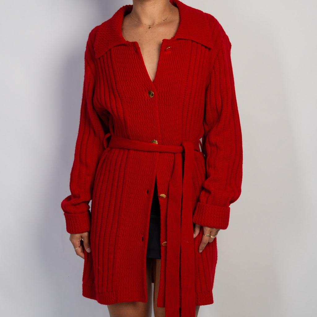 RED KNIT LONGLINE CARDIGAN