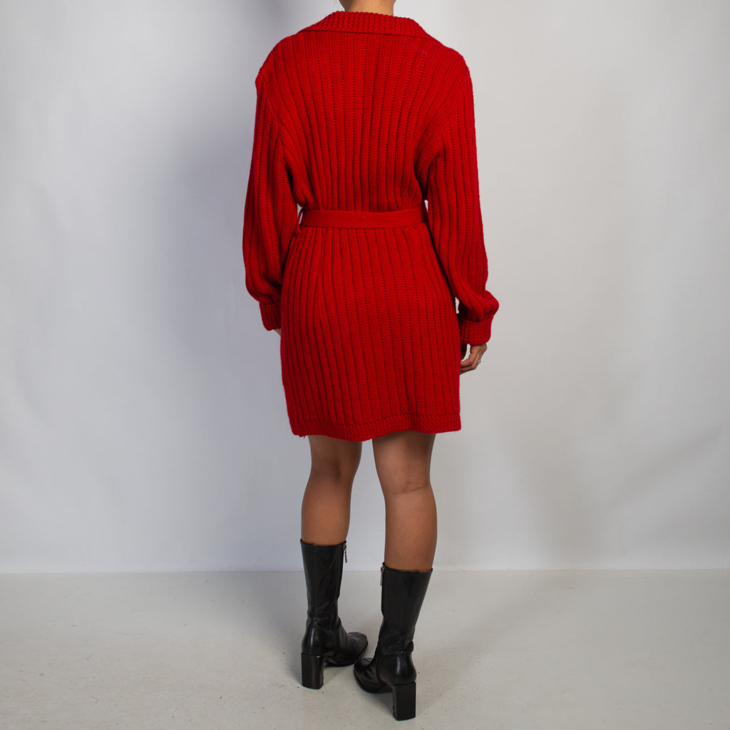 RED KNIT LONGLINE CARDIGAN