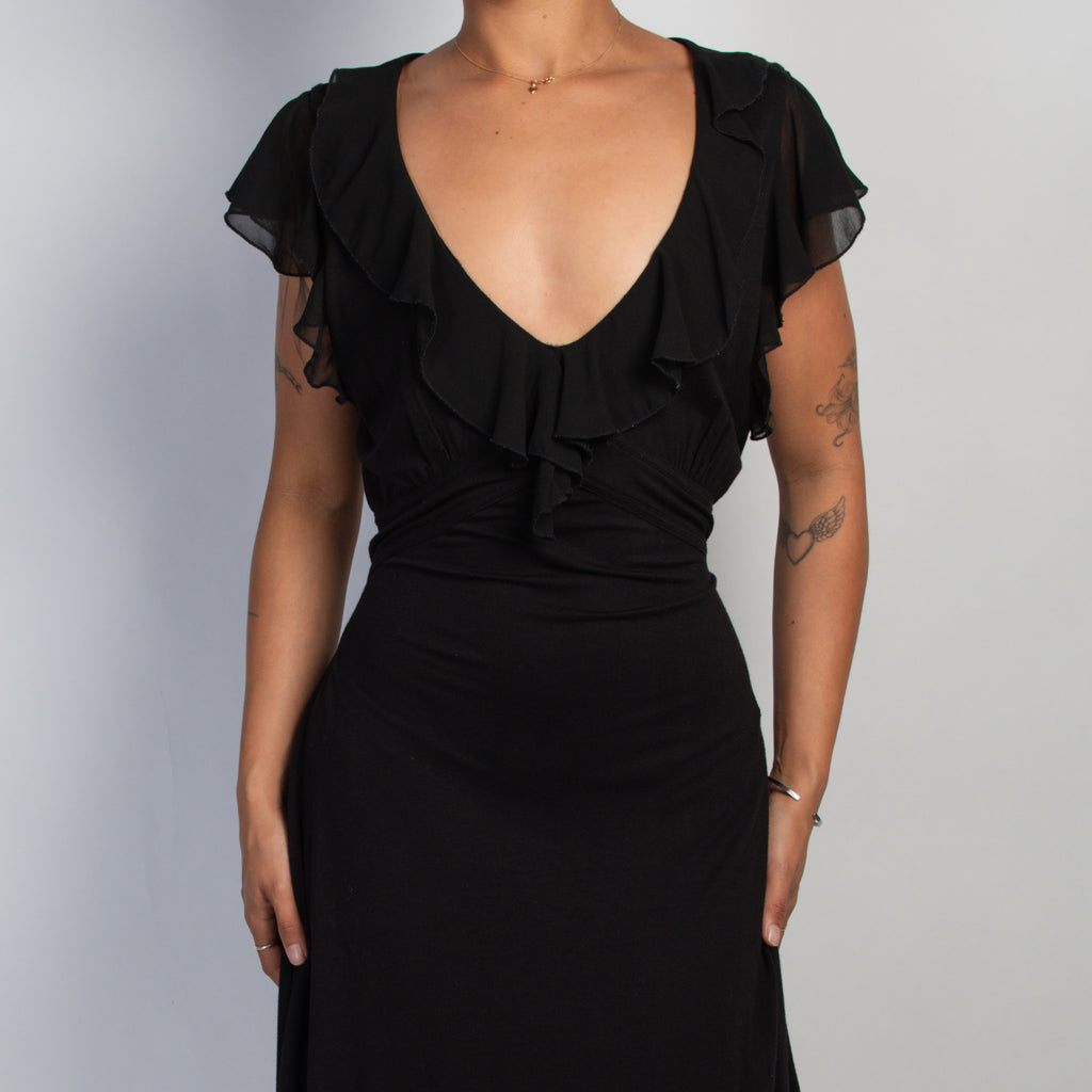 BLACK RUFFLE MIDI DRESS