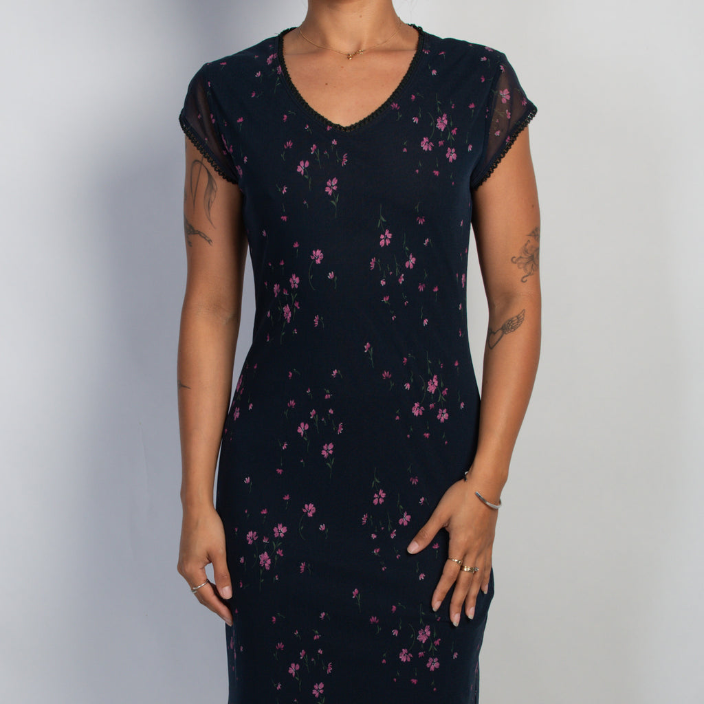 NAVY FLORAL MESH MIDI DRESS