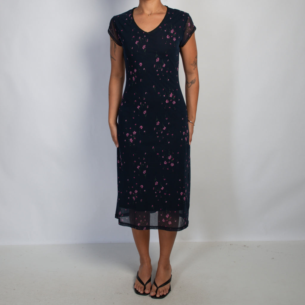 NAVY FLORAL MESH MIDI DRESS