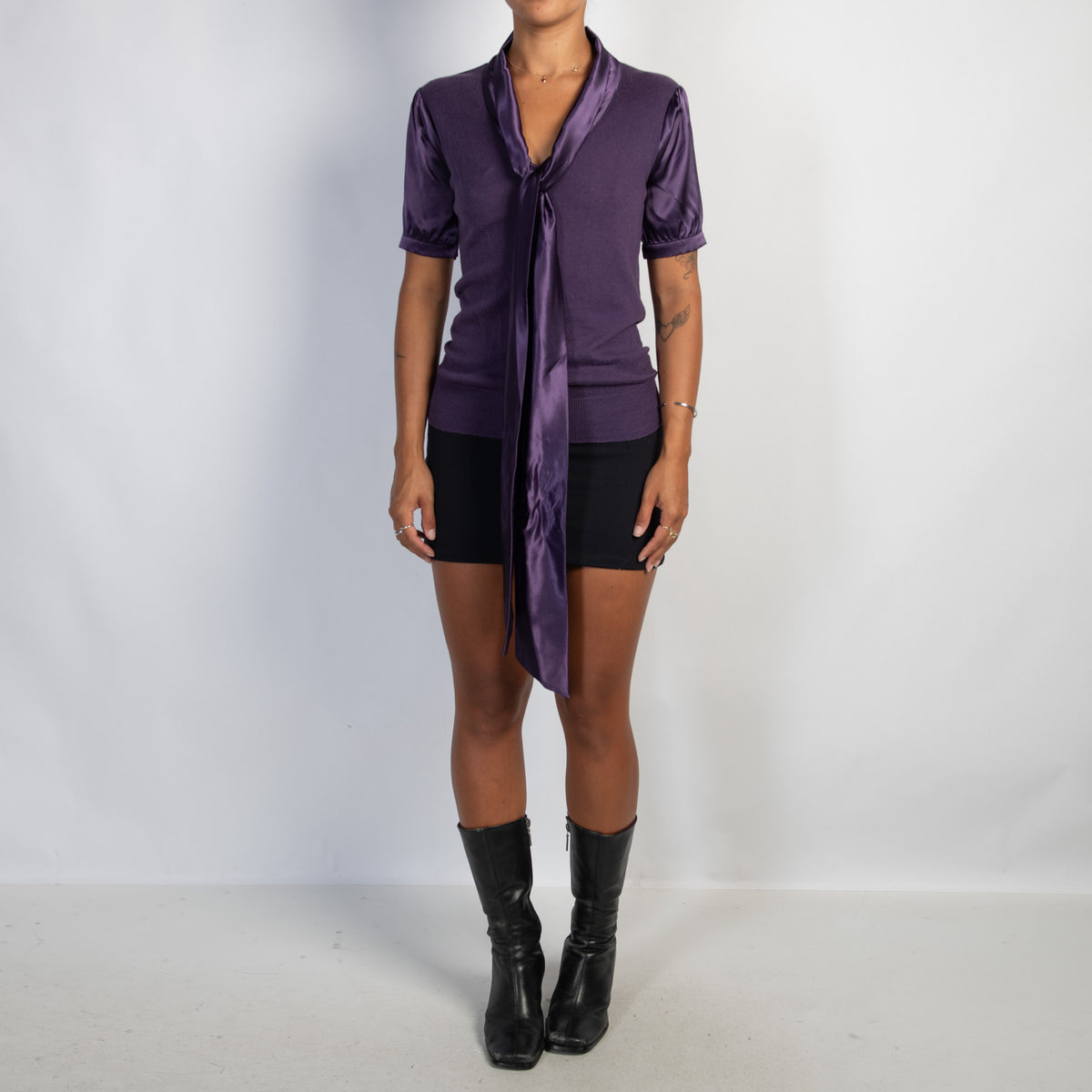 PURPLE SATIN TIE KNIT BLOUSE