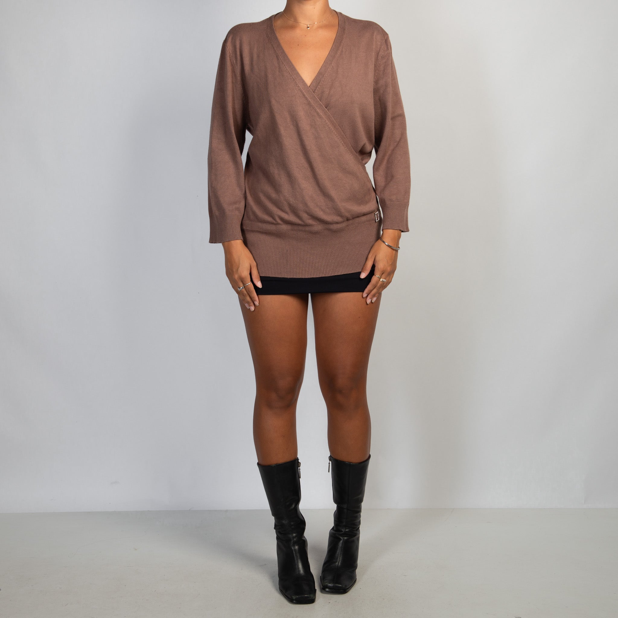 BROWN FAUX WRAP KNIT TOP