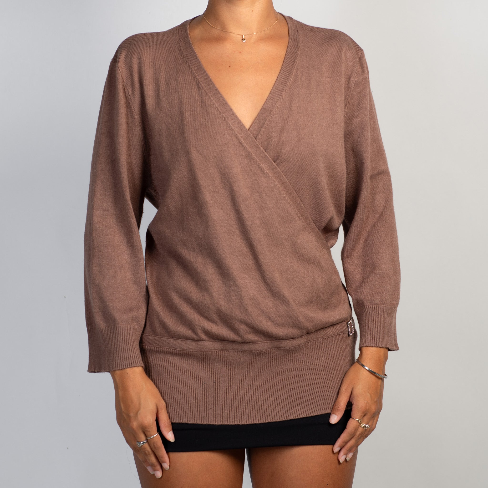 BROWN FAUX WRAP KNIT TOP