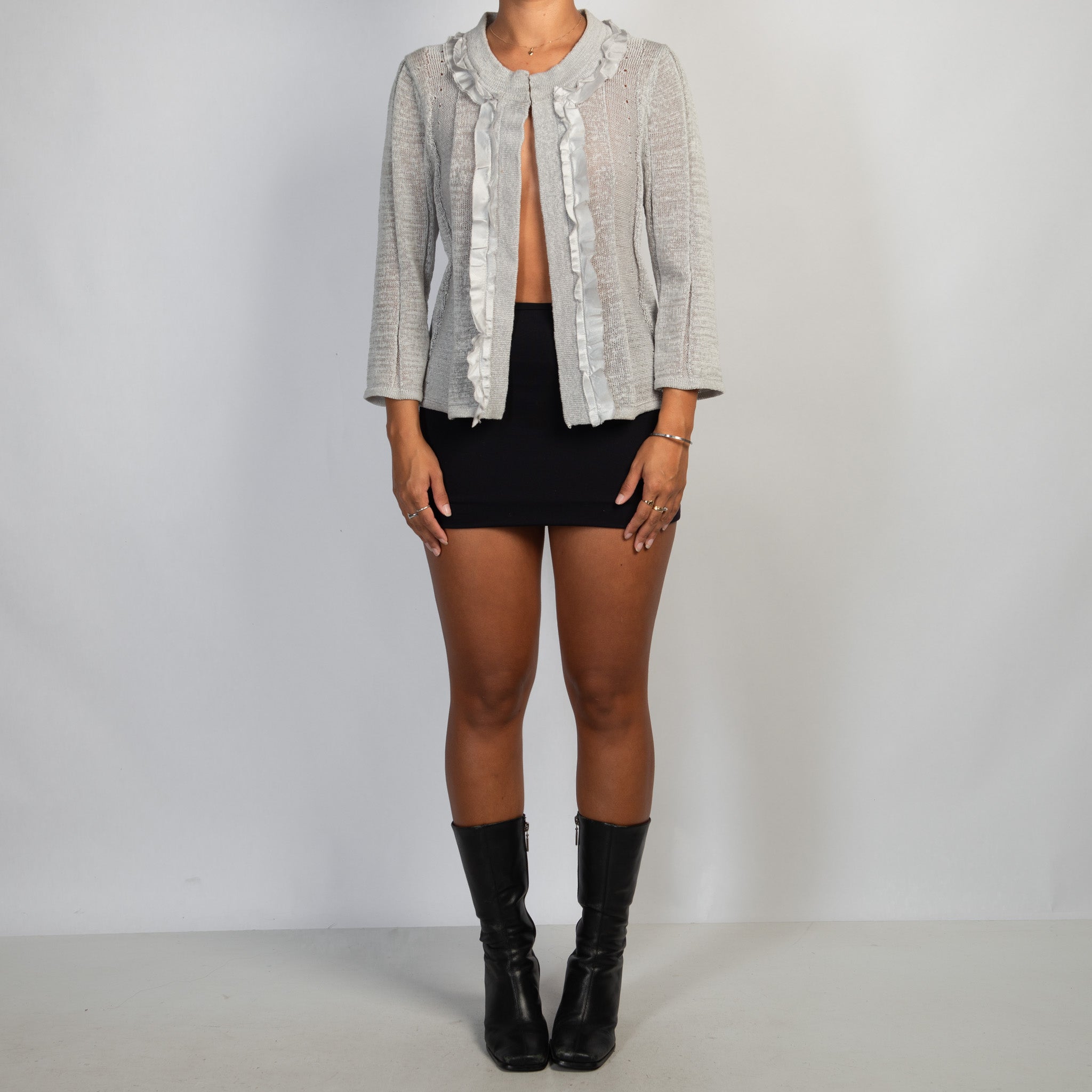 GREY RUFFLE CARDIGAN
