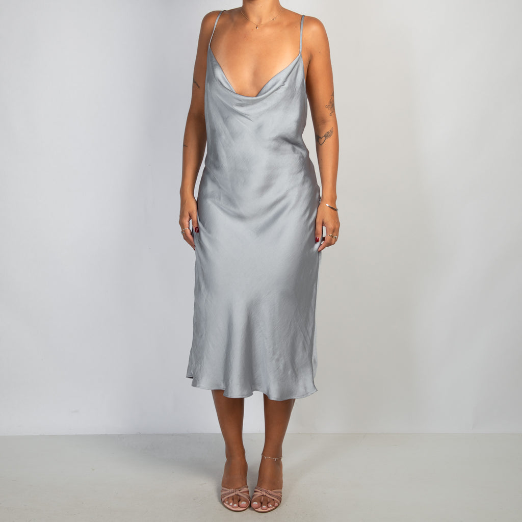 GREY BLUE SATIN MIDI DRESS