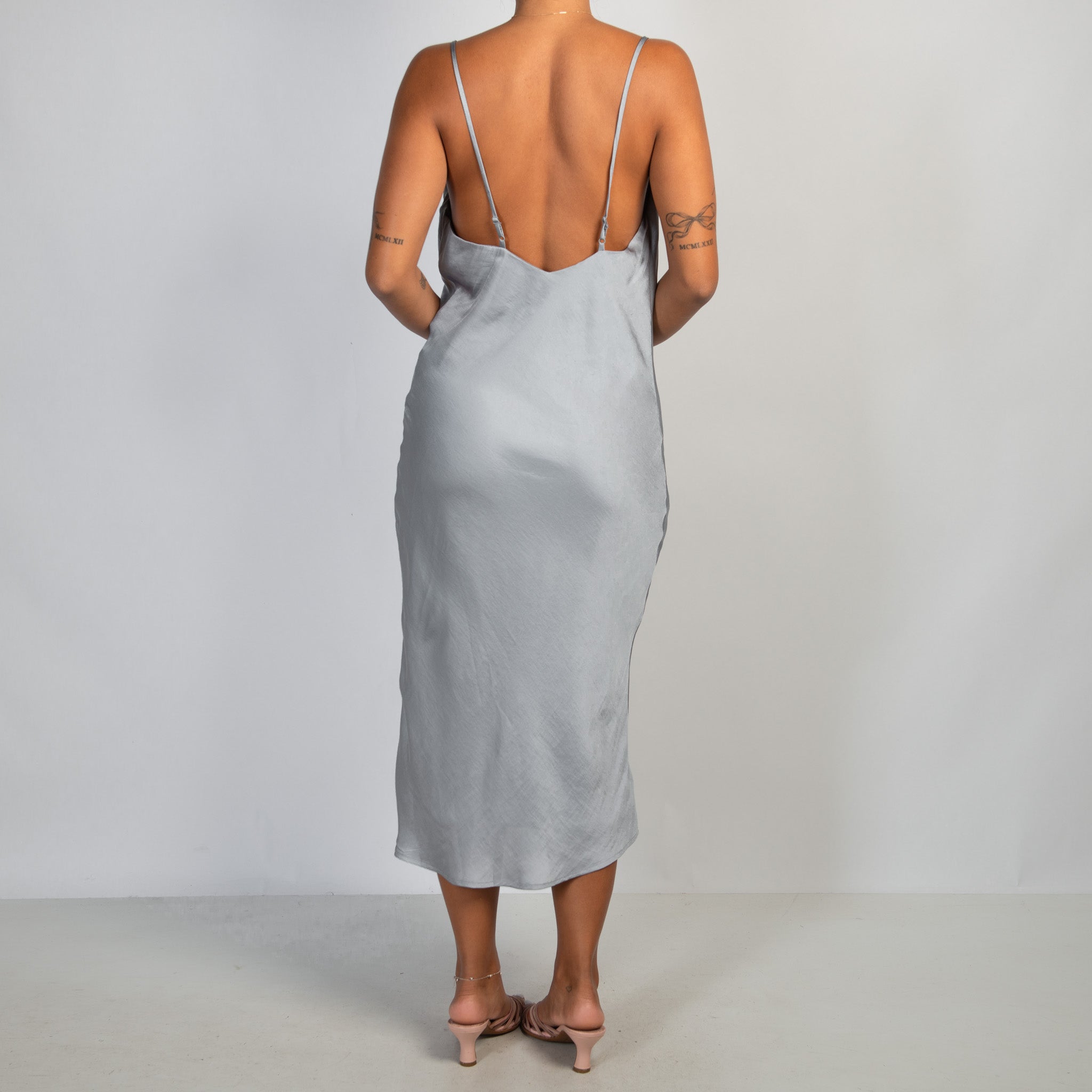 GREY BLUE SATIN MIDI DRESS