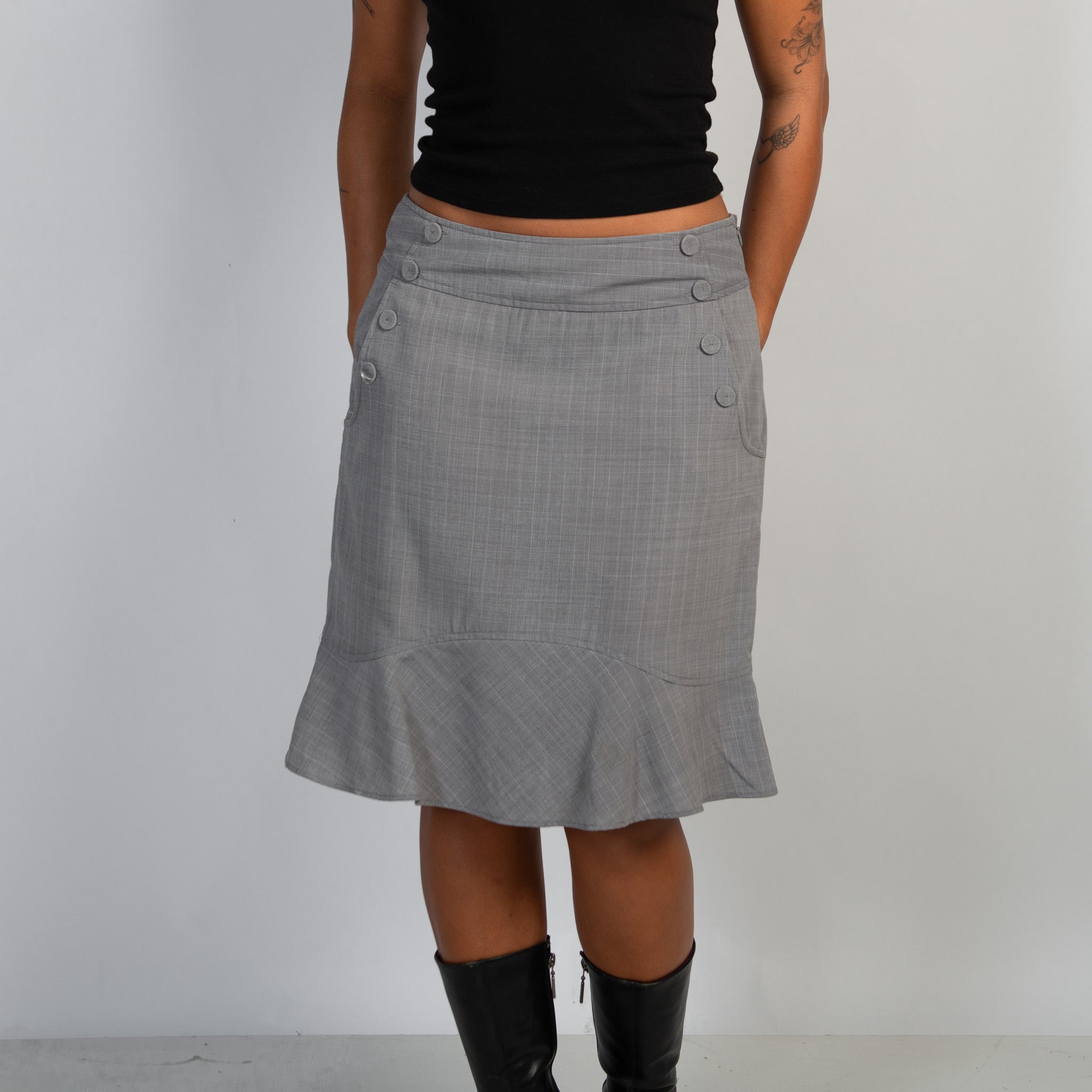 GREY CHECK MIDI SKIRT