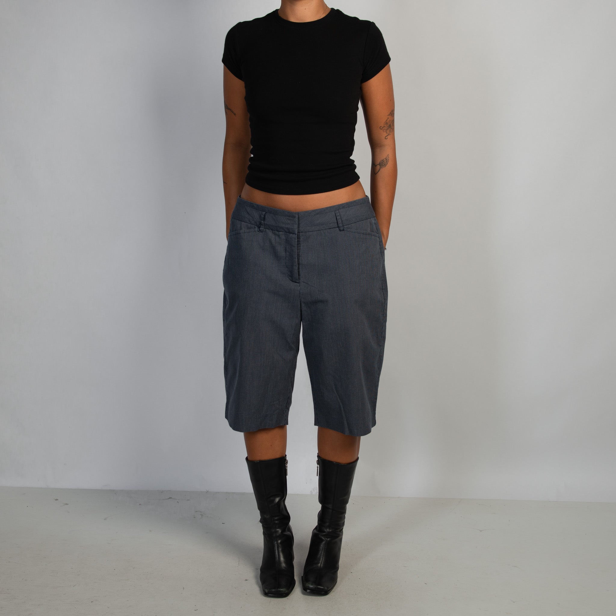 NAVY PINSTRIPE CROP PANTS