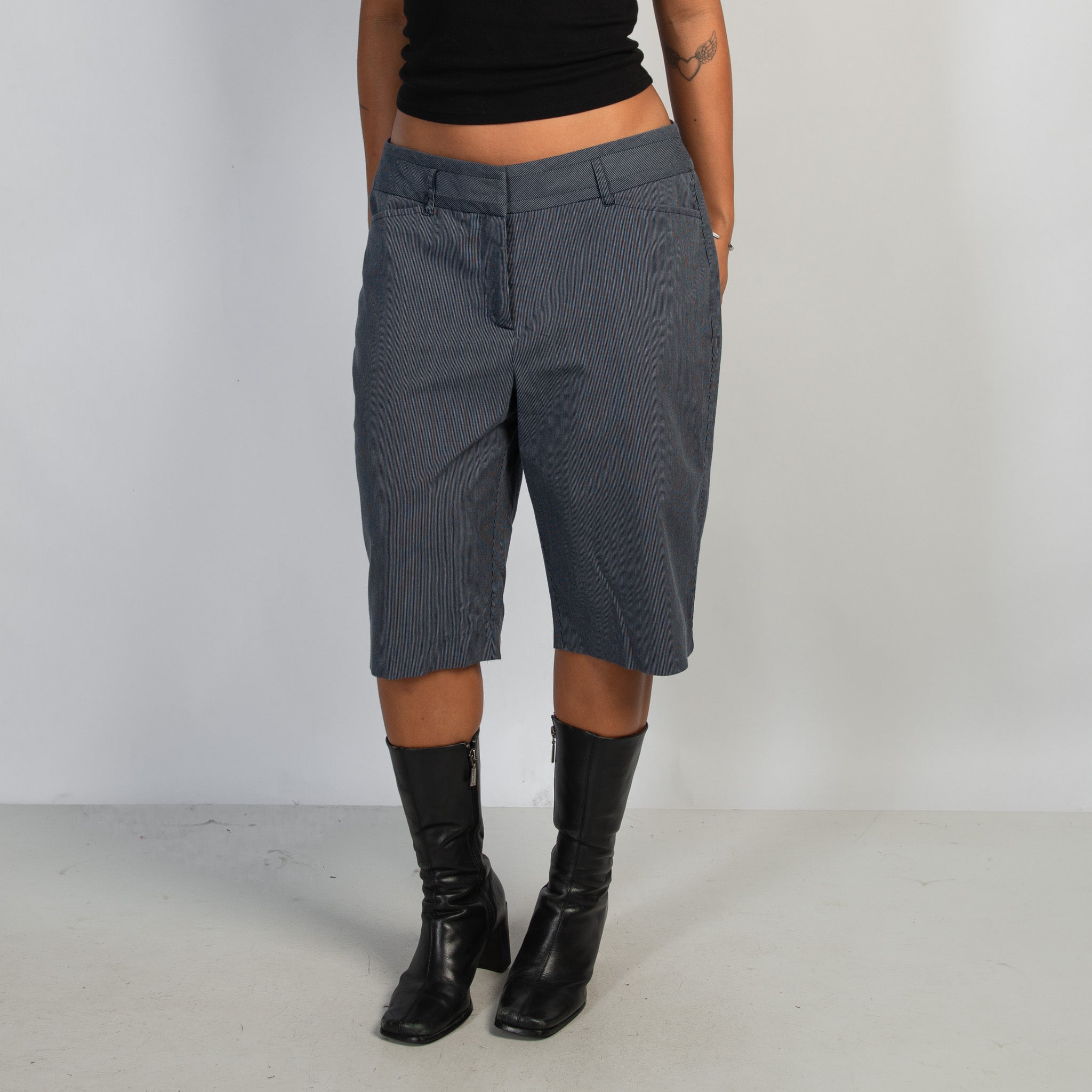 NAVY PINSTRIPE CROP PANTS