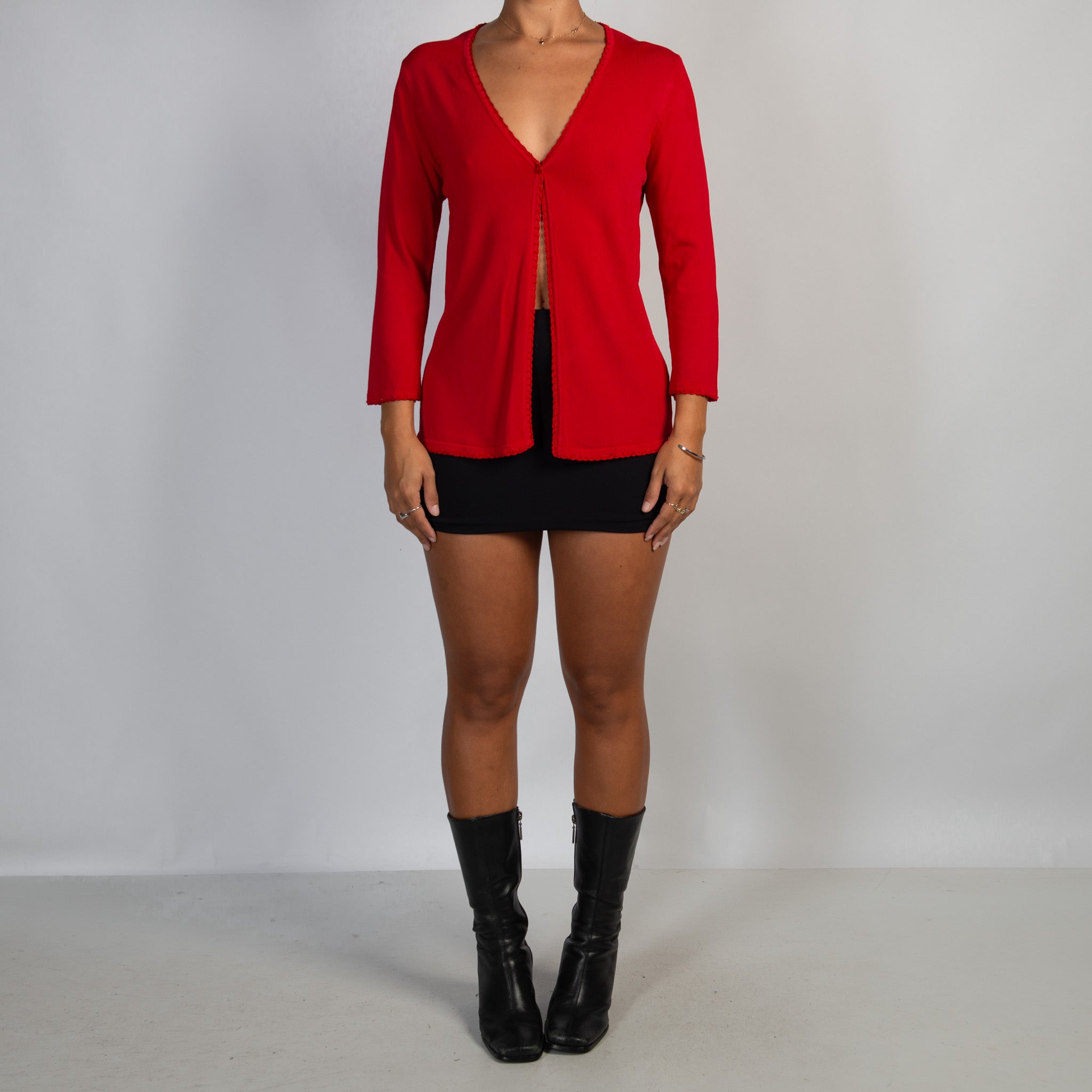 RED BEADED TRIM CARDIGAN
