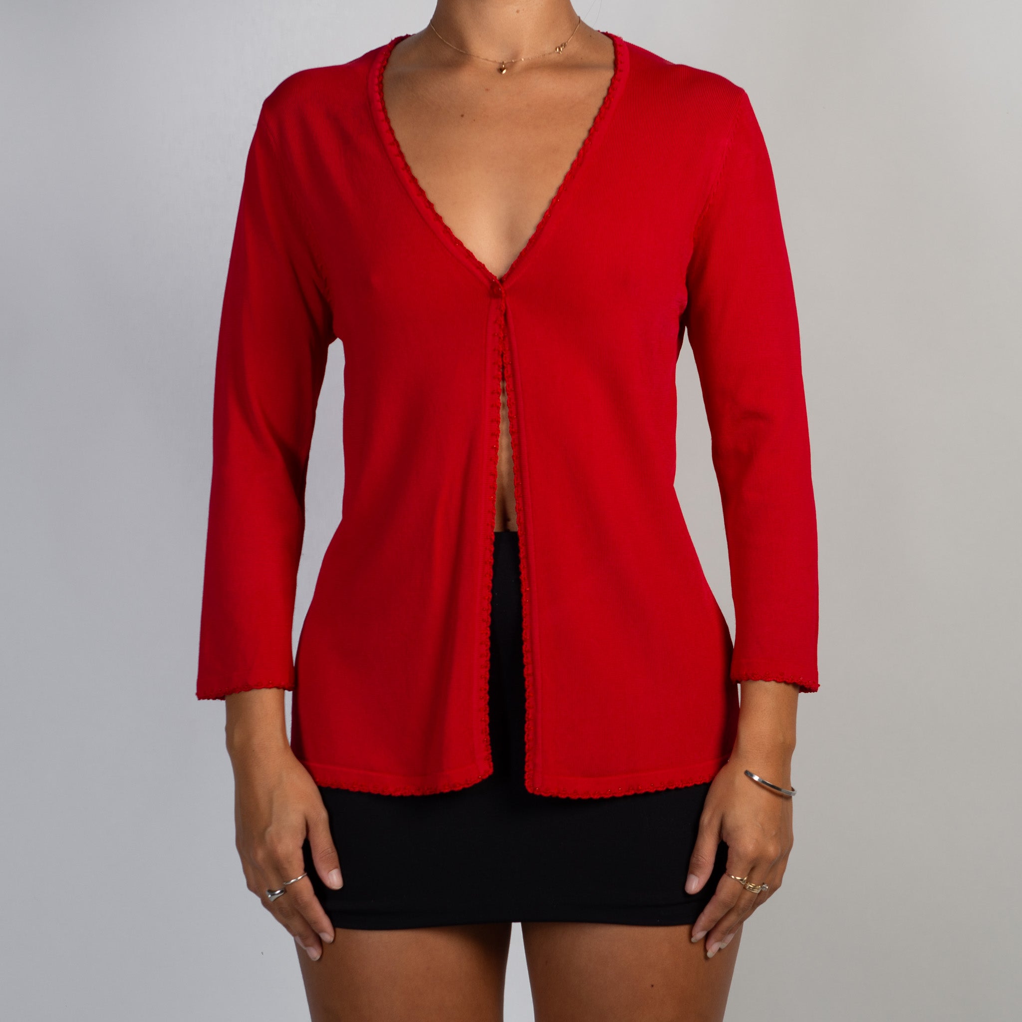 RED BEADED TRIM CARDIGAN